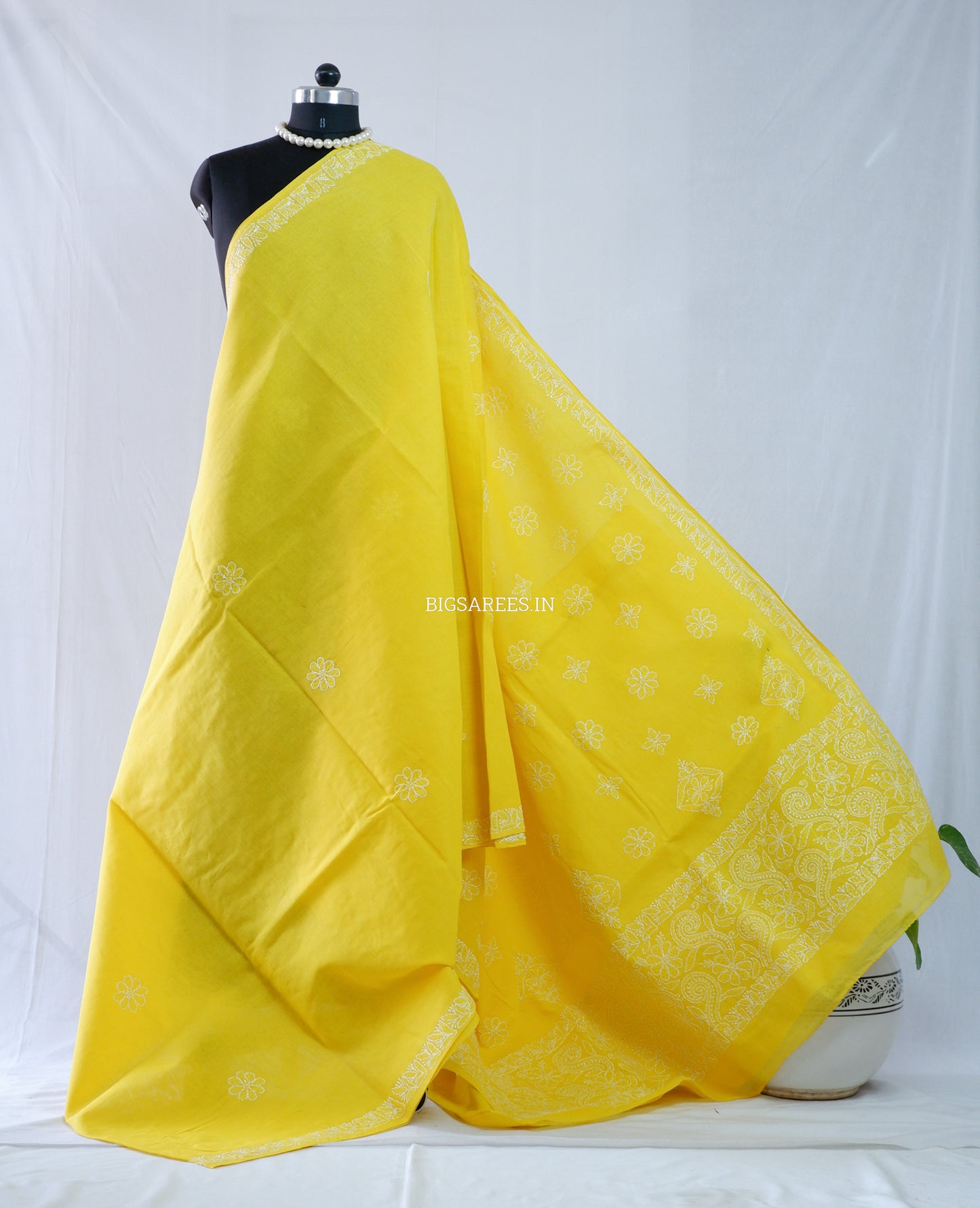 Chikankari Hand-Embroidered Saree | Heavy Work | Cotton | Bright Yellow