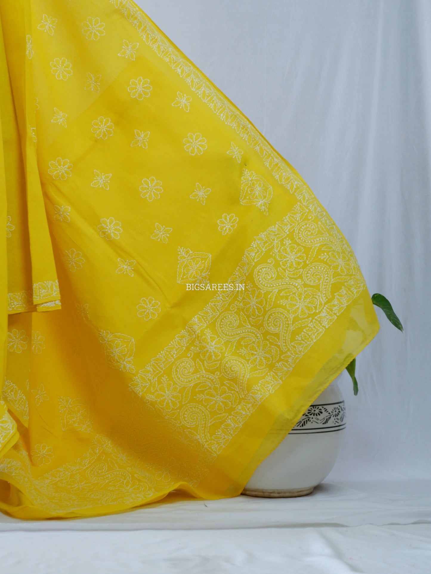 Chikankari Hand-Embroidered Saree | Heavy Work | Cotton | Bright Yellow