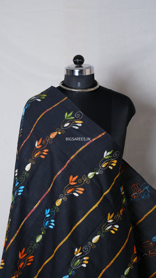 Hand-Embroidered Kantha Dupatta in Pure Khesh Cotton/Black/36"