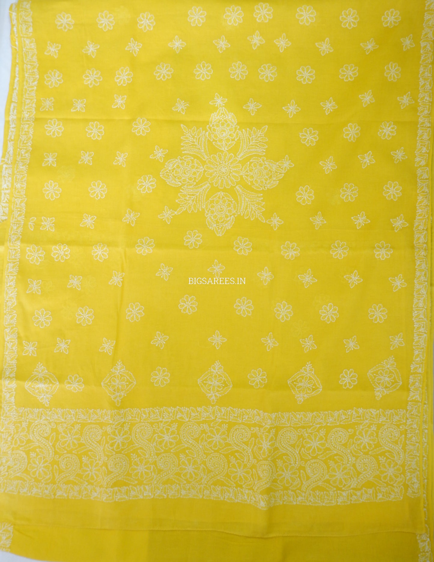 Chikankari Hand-Embroidered Saree | Heavy Work | Cotton | Bright Yellow