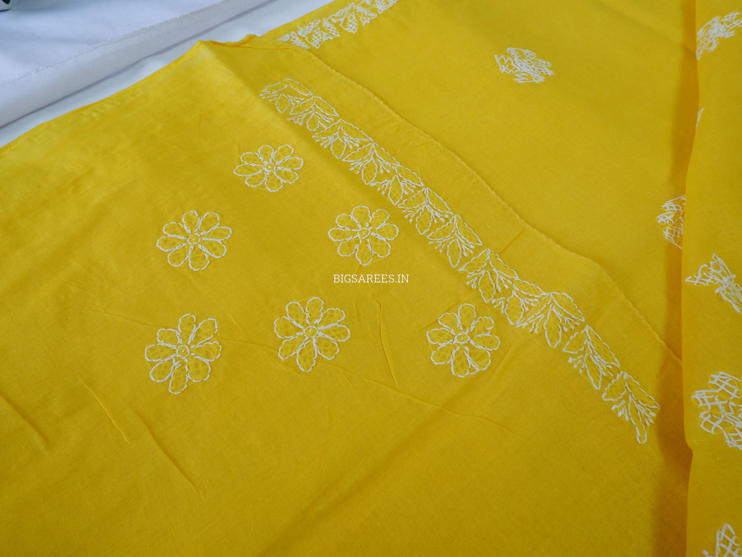 Chikankari Hand-Embroidered Saree | Heavy Work | Cotton | Bright Yellow