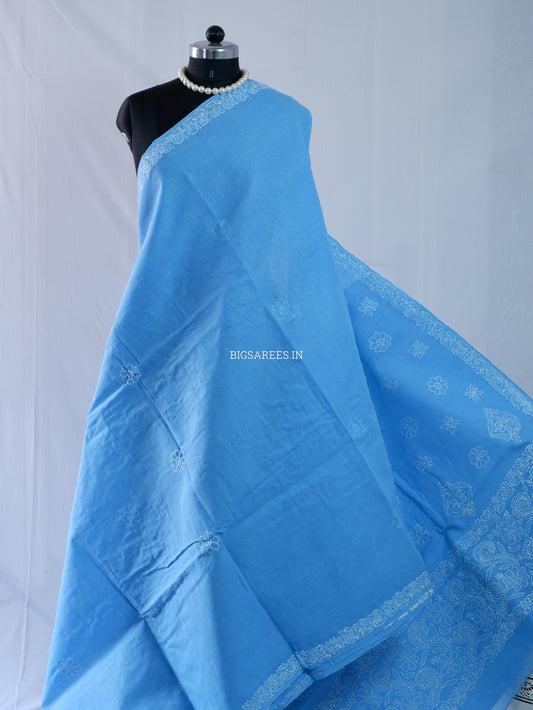 Chikankari Hand-Embroidered Saree | Heavy Work | Cotton | Blue