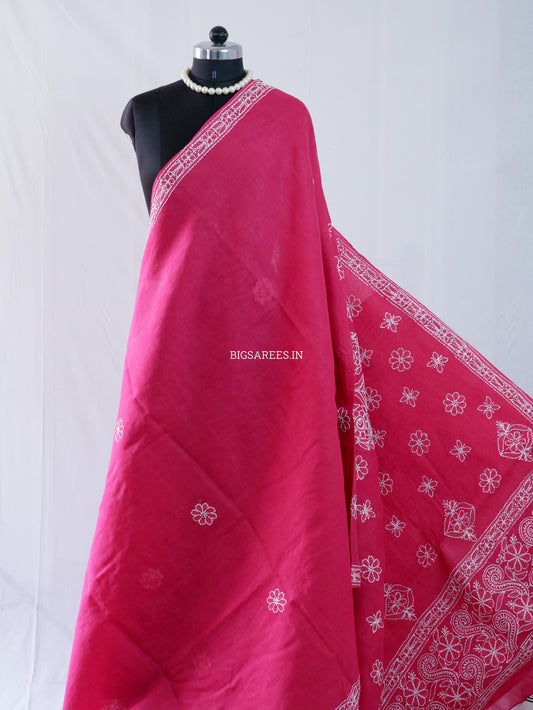 Chikankari Hand-Embroidered Saree | Heavy Work | Cotton | Onion Pink