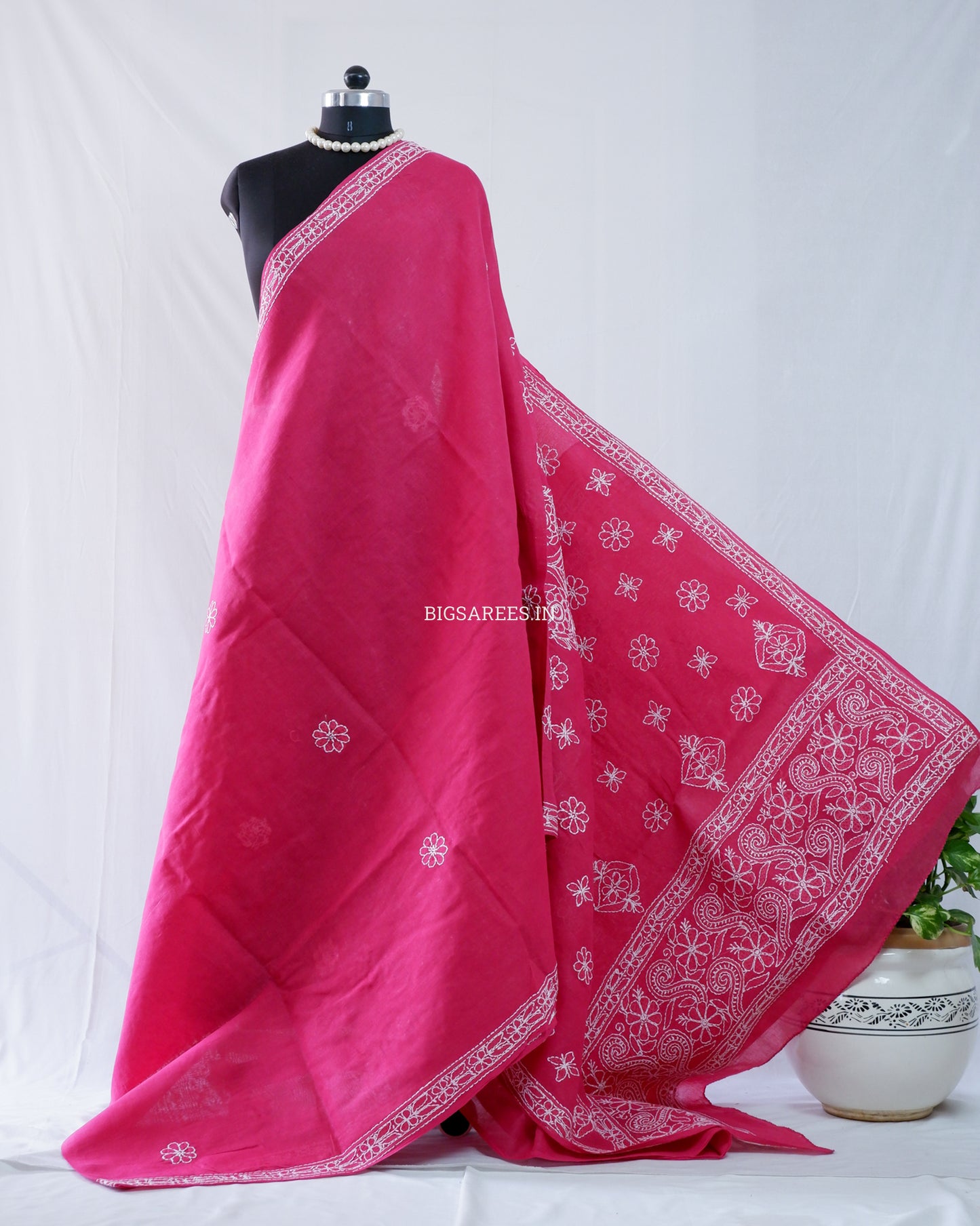 Chikankari Hand-Embroidered Saree | Heavy Work | Cotton | Onion Pink