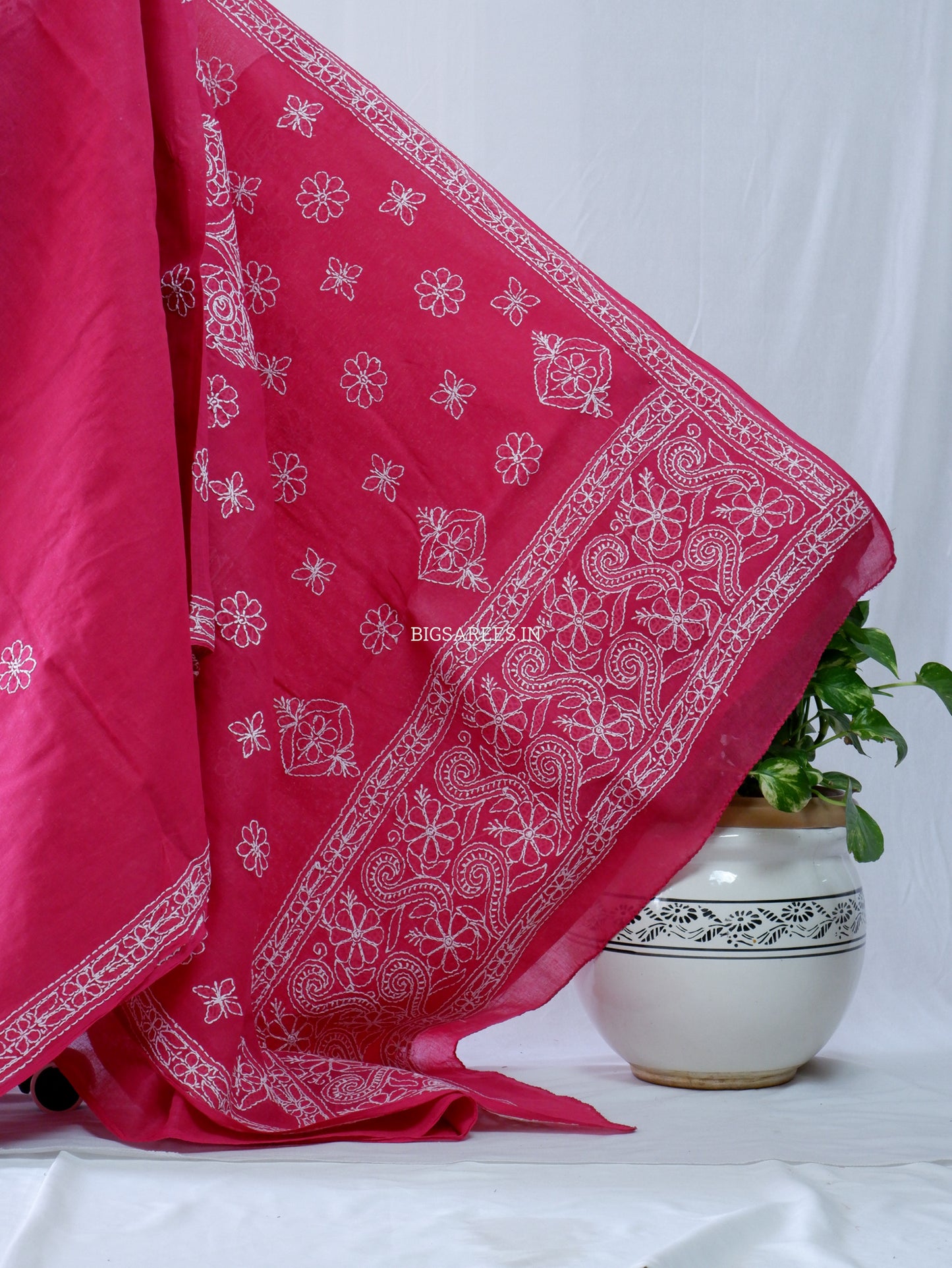 Chikankari Hand-Embroidered Saree | Heavy Work | Cotton | Onion Pink