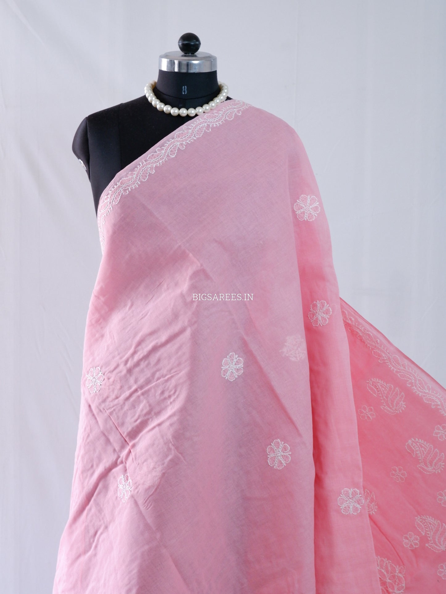 Chikankari Hand-Embroidered Saree | Heavy Work | Cotton | Peach Pink