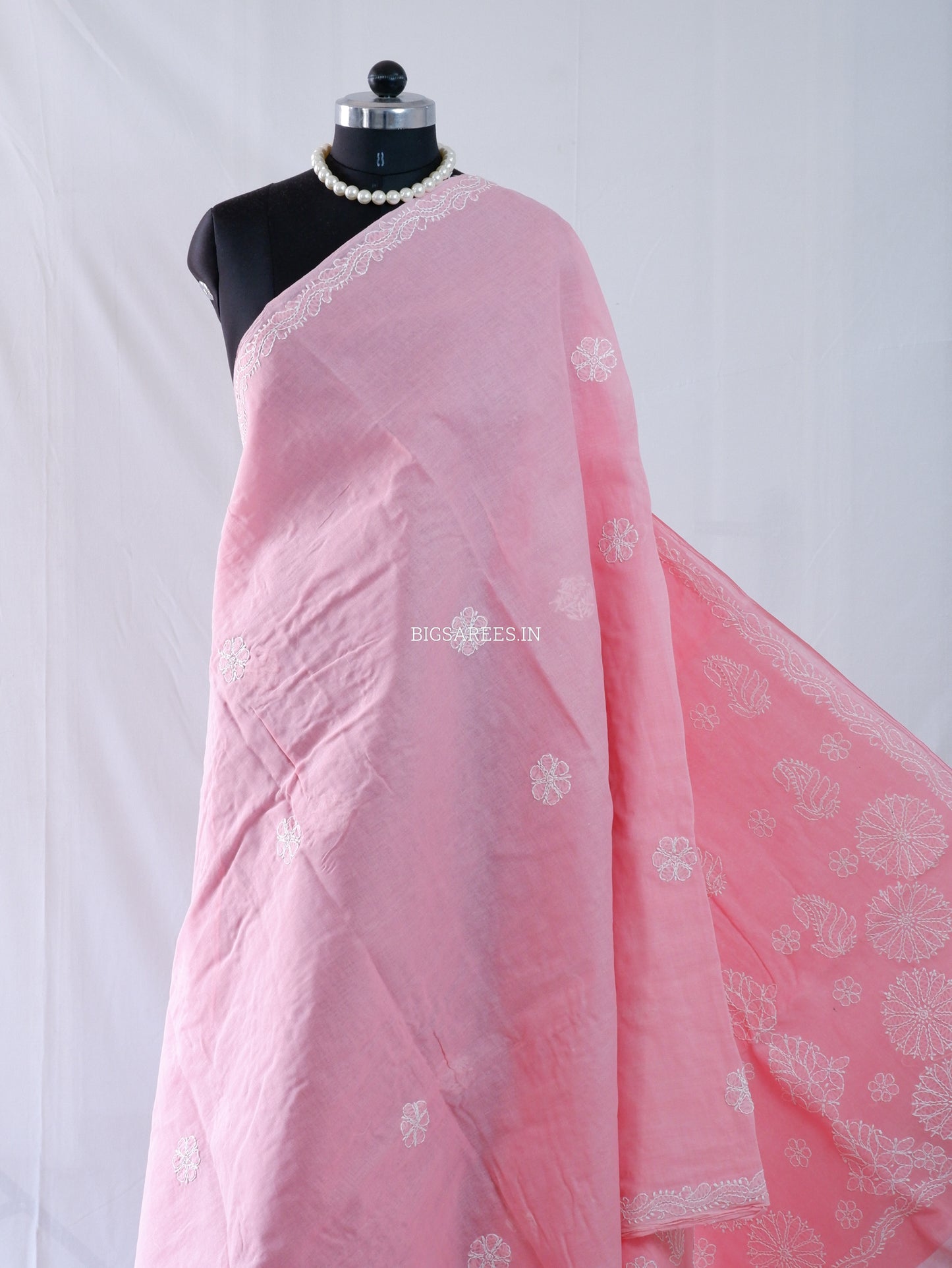 Chikankari Hand-Embroidered Saree | Heavy Work | Cotton | Peach Pink