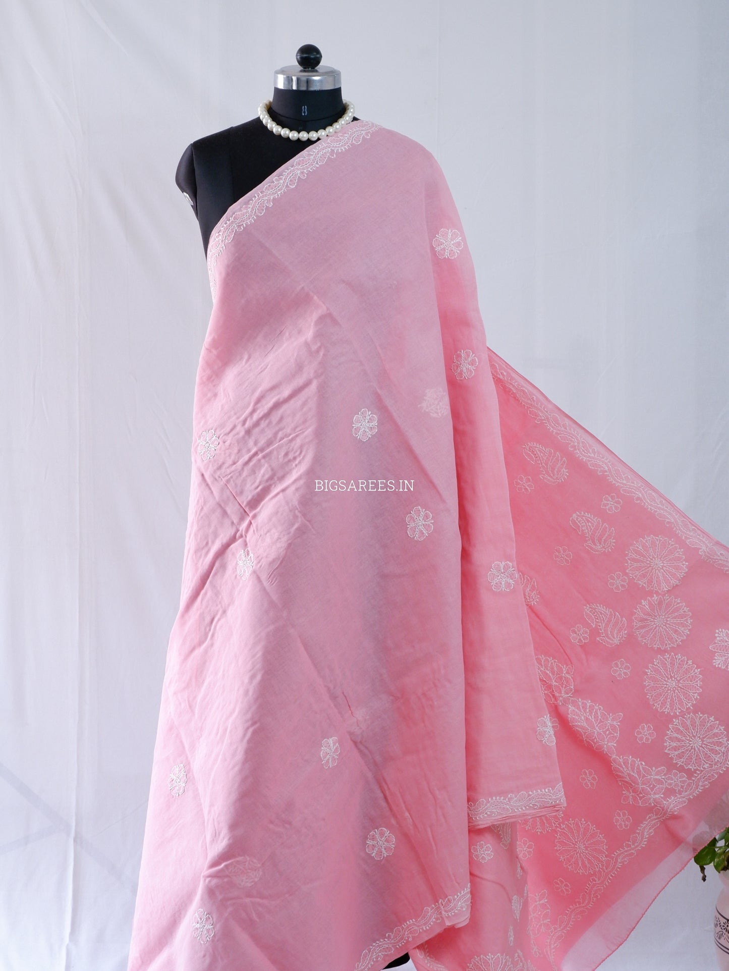 Chikankari Hand-Embroidered Saree | Heavy Work | Cotton | Peach Pink