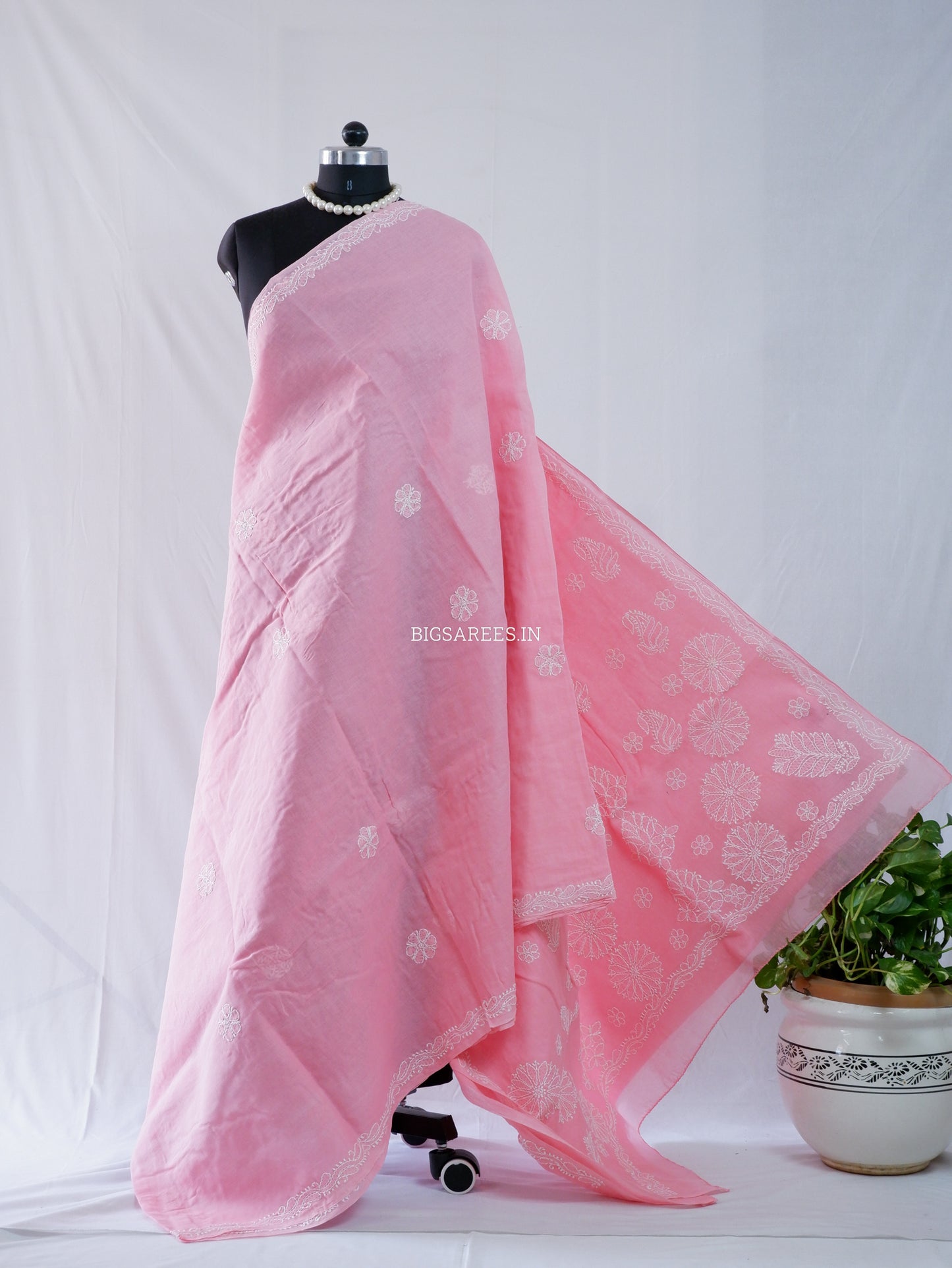Chikankari Hand-Embroidered Saree | Heavy Work | Cotton | Peach Pink