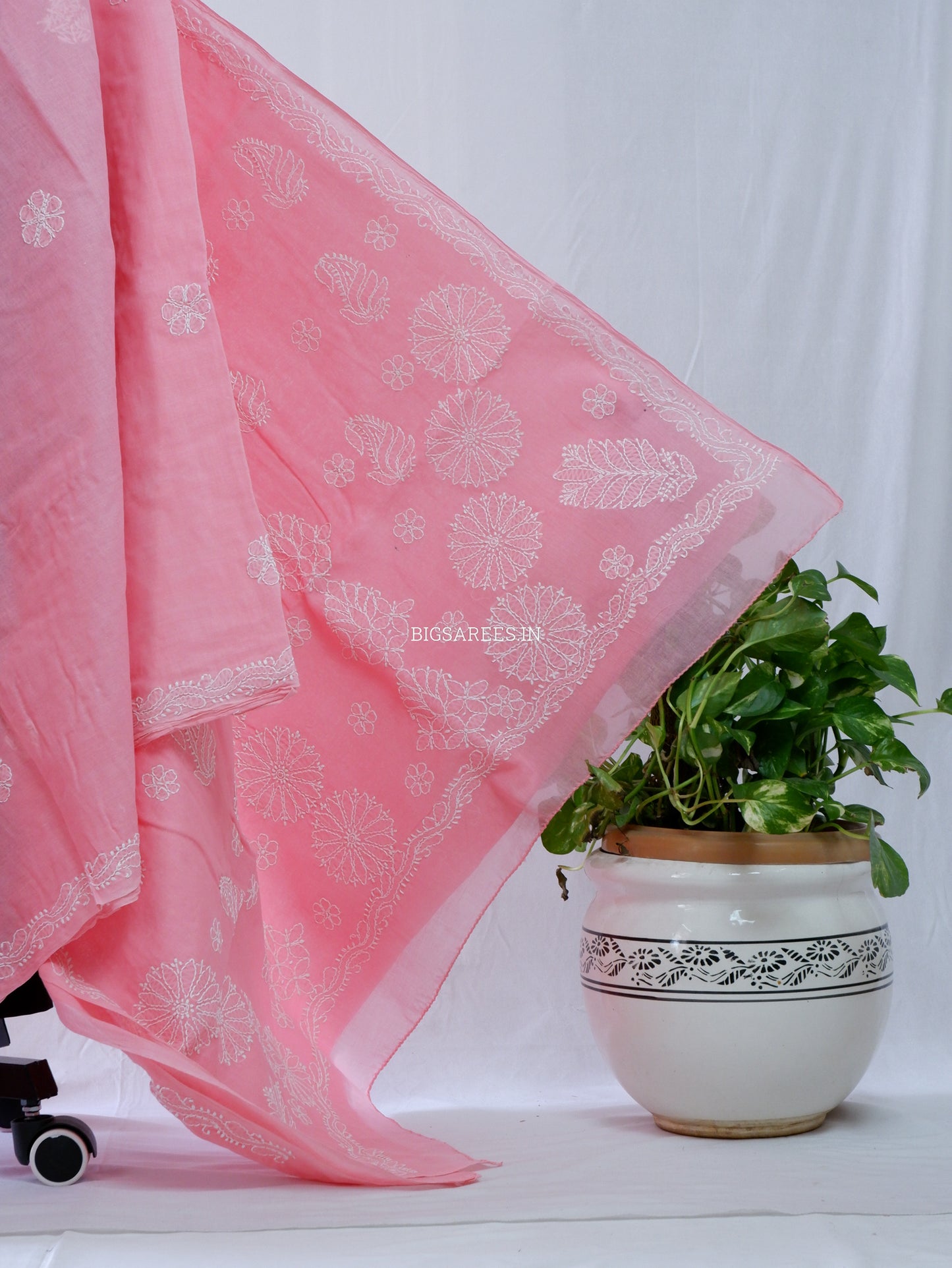 Chikankari Hand-Embroidered Saree | Heavy Work | Cotton | Peach Pink