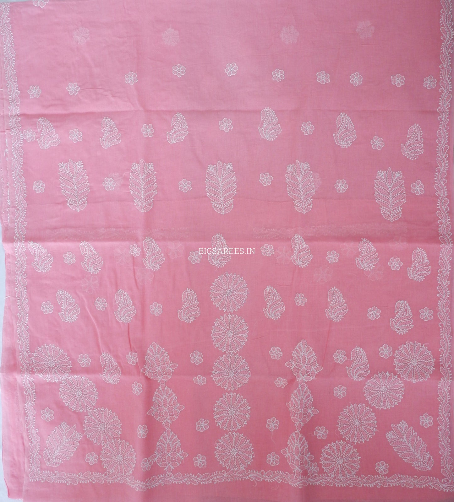 Chikankari Hand-Embroidered Saree | Heavy Work | Cotton | Peach Pink