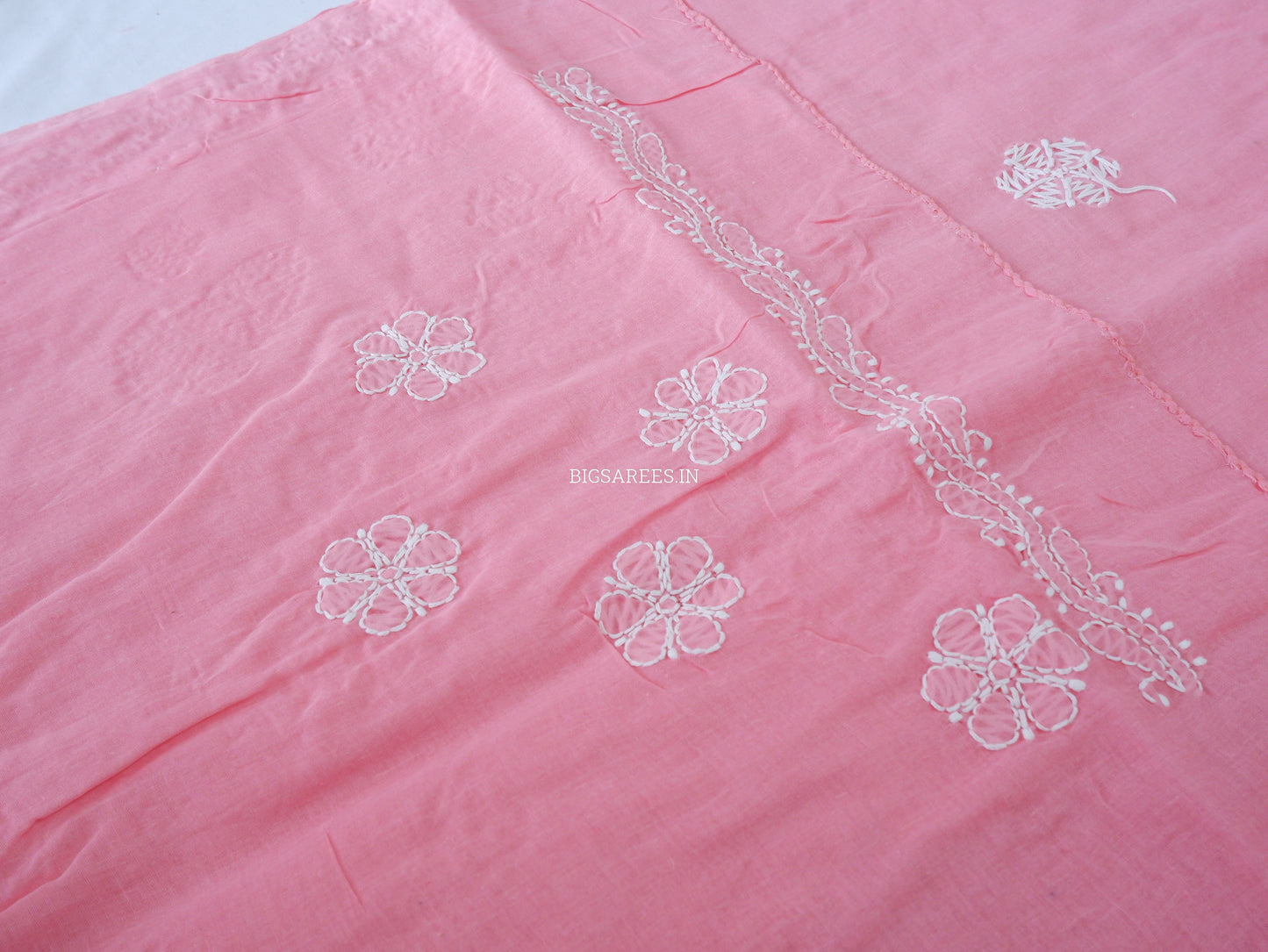 Chikankari Hand-Embroidered Saree | Heavy Work | Cotton | Peach Pink