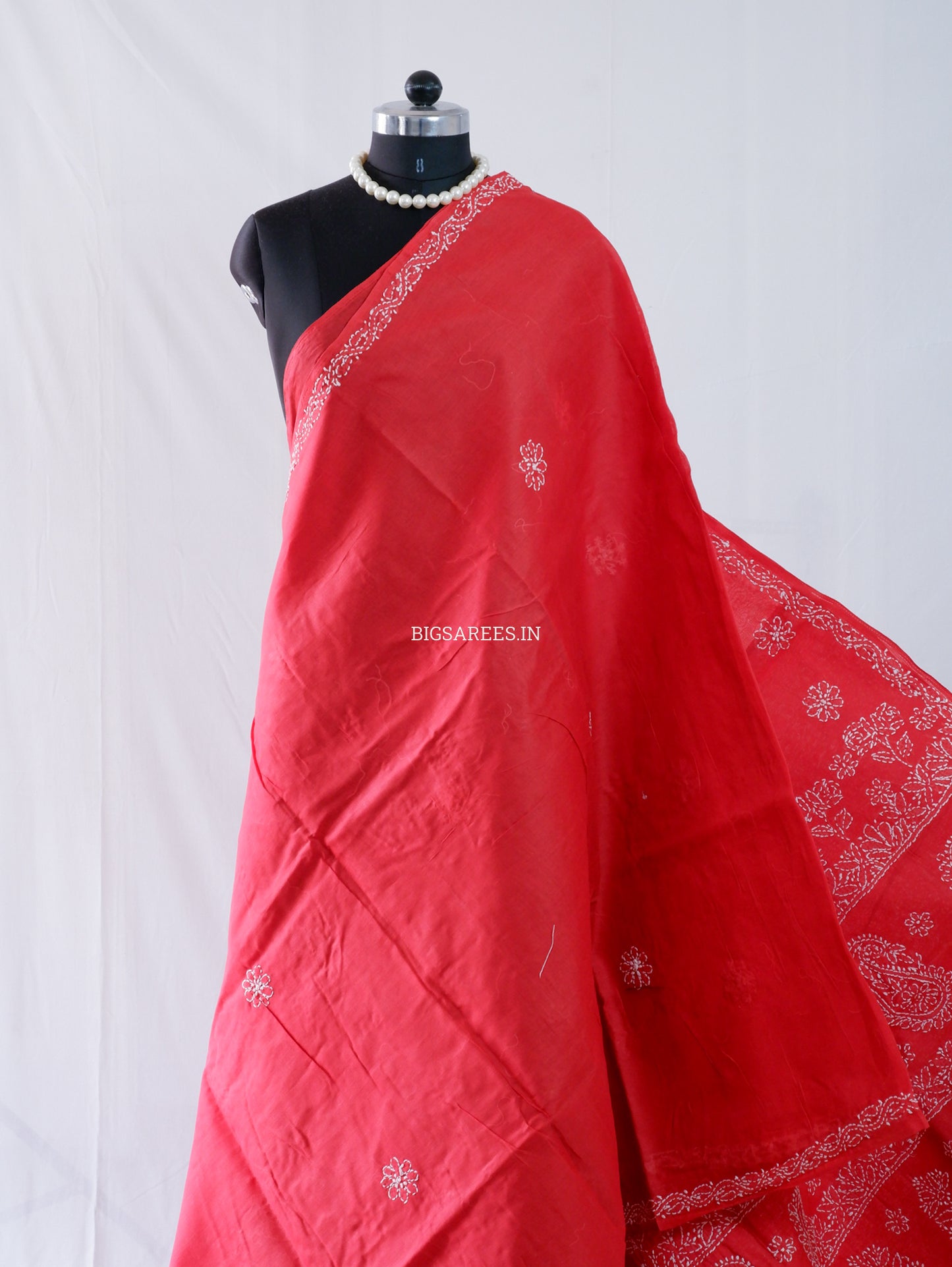 Chikankari Hand-Embroidered Saree | Heavy Work | Cotton | Red