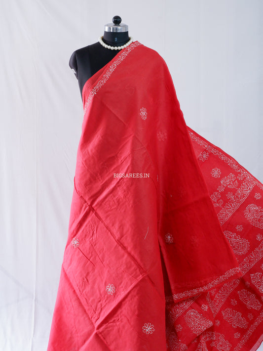 Chikankari Hand-Embroidered Saree | Heavy Work | Cotton | Red