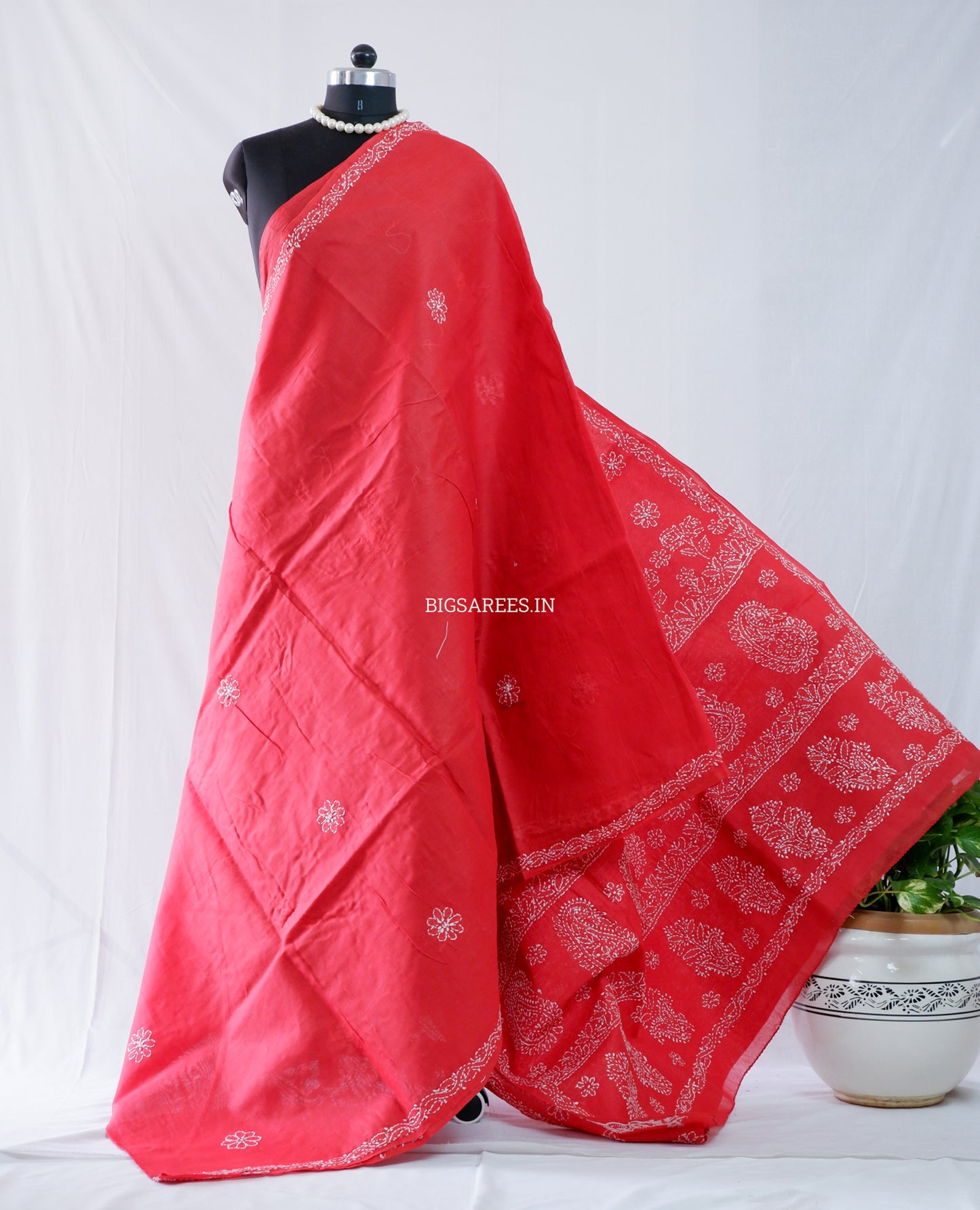 Chikankari Hand-Embroidered Saree | Heavy Work | Cotton | Red