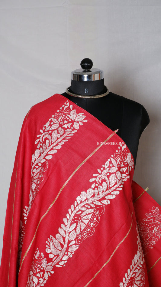 Hand-Embroidered Kantha Dupatta in Pure Khesh Cotton/Reds/36"