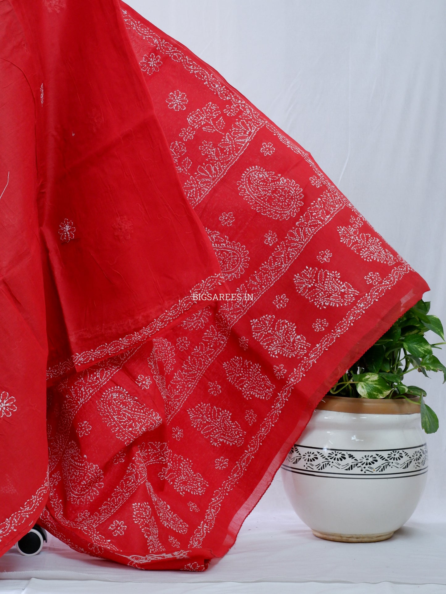 Chikankari Hand-Embroidered Saree | Heavy Work | Cotton | Red