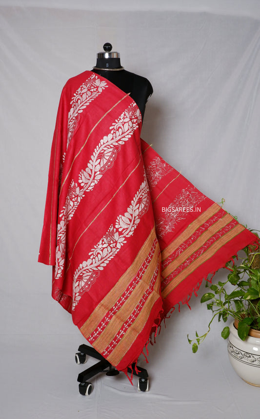 Hand-Embroidered Kantha Dupatta in Pure Khesh Cotton/Reds/36"