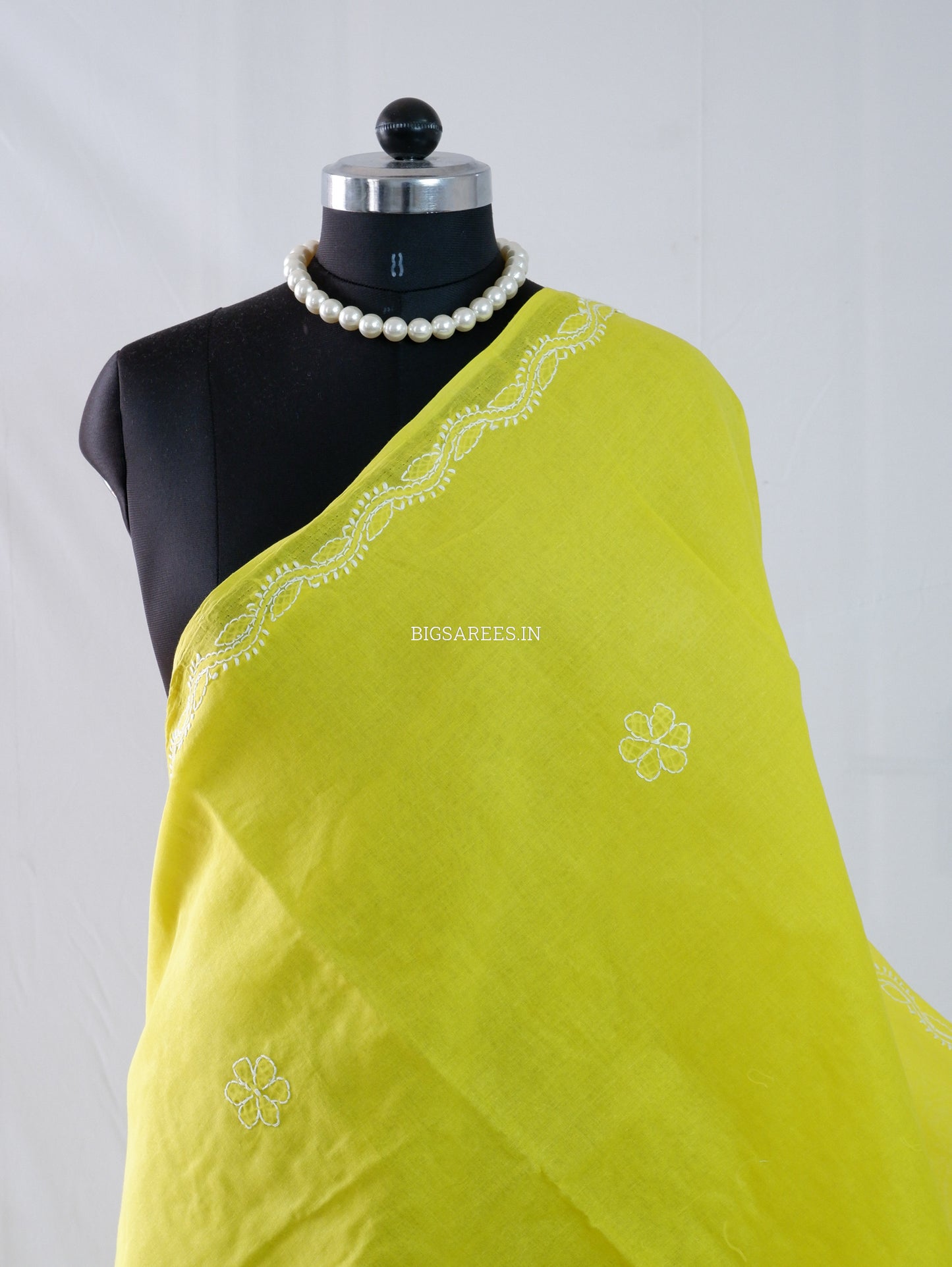 Chikankari Hand-Embroidered Saree | Heavy Work | Cotton | Chartreuse