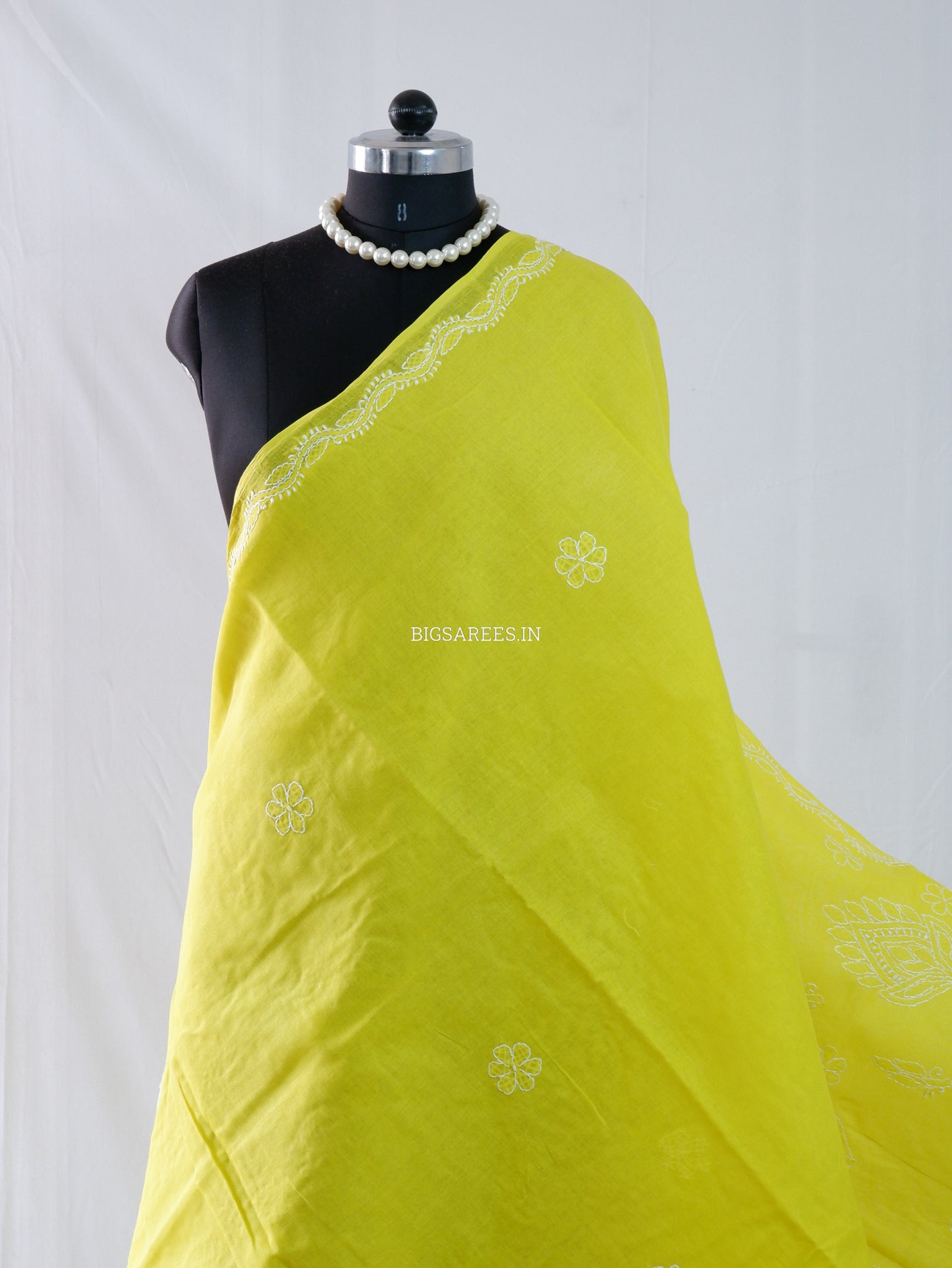 Chikankari Hand-Embroidered Saree | Heavy Work | Cotton | Chartreuse