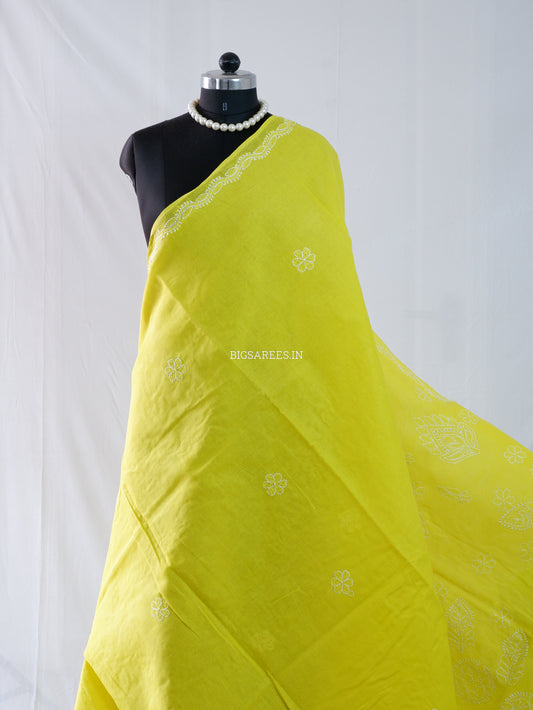 Chikankari Hand-Embroidered Saree | Heavy Work | Cotton | Chartreuse