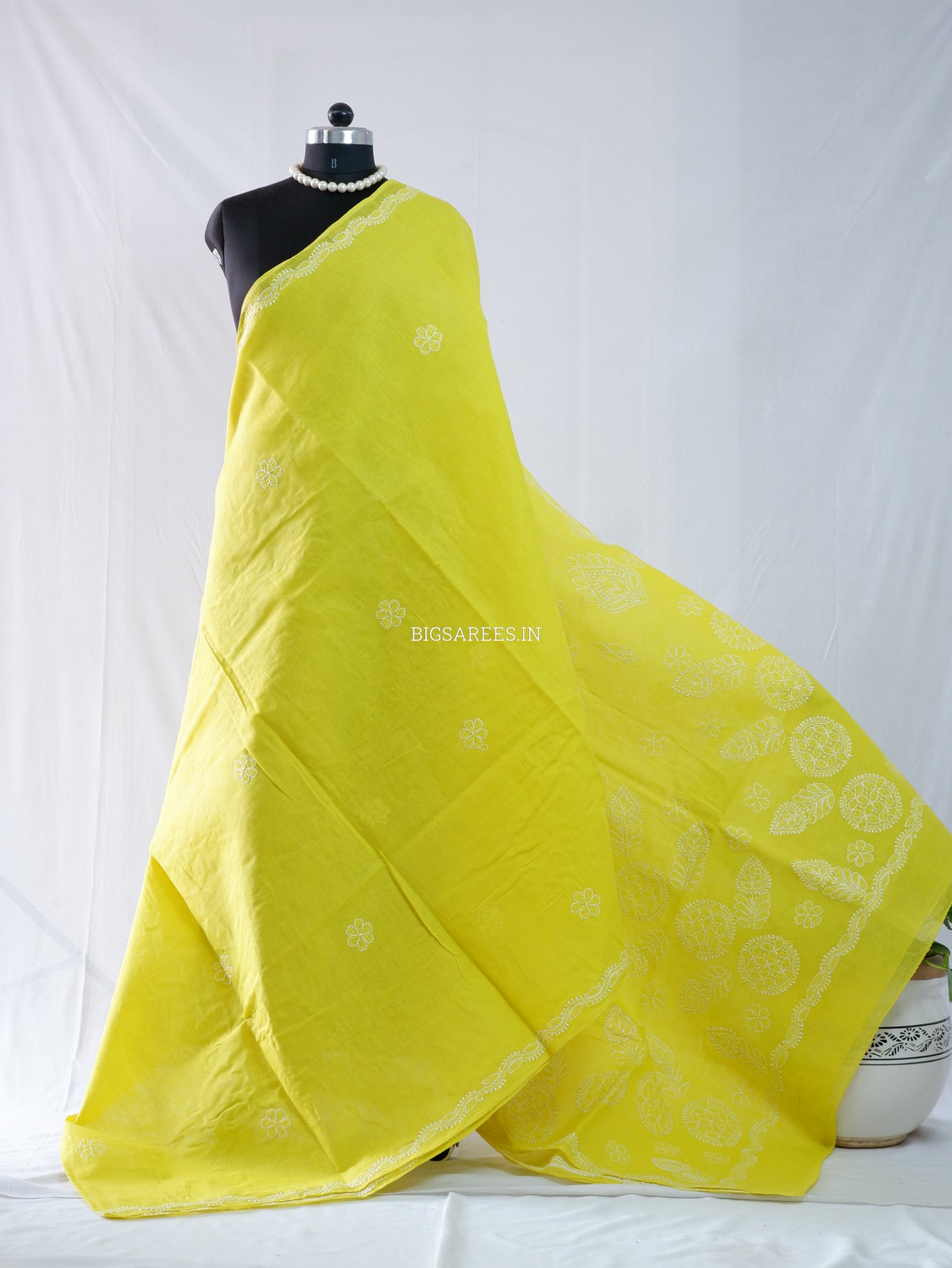 Chikankari Hand-Embroidered Saree | Heavy Work | Cotton | Chartreuse