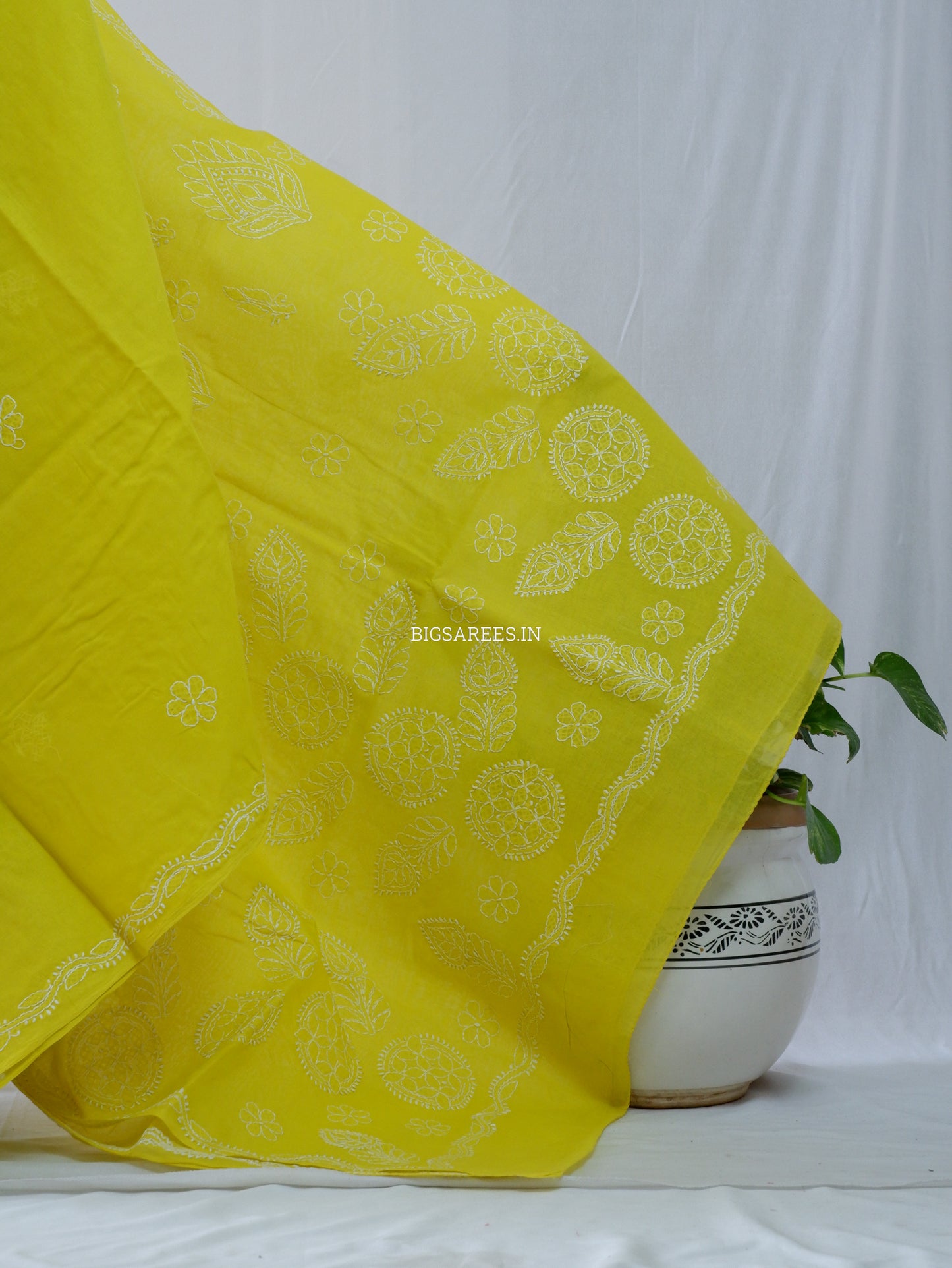 Chikankari Hand-Embroidered Saree | Heavy Work | Cotton | Chartreuse