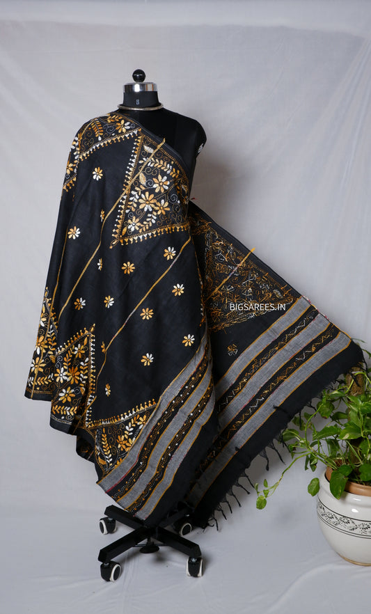 Hand-Embroidered Kantha Dupatta in Pure Khesh Cotton/Black/36"