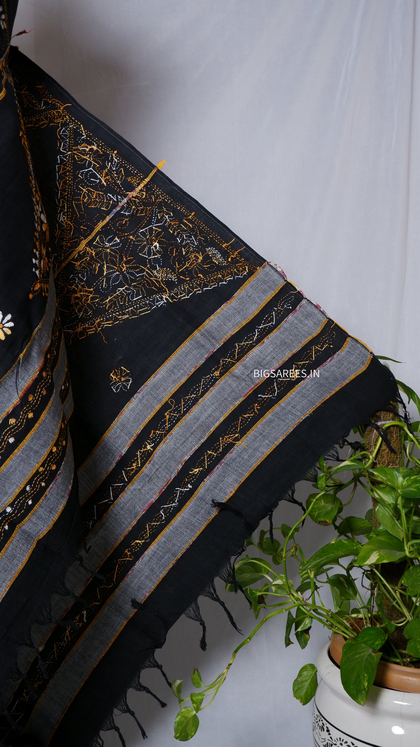 Hand-Embroidered Kantha Dupatta in Pure Khesh Cotton/Black/36"