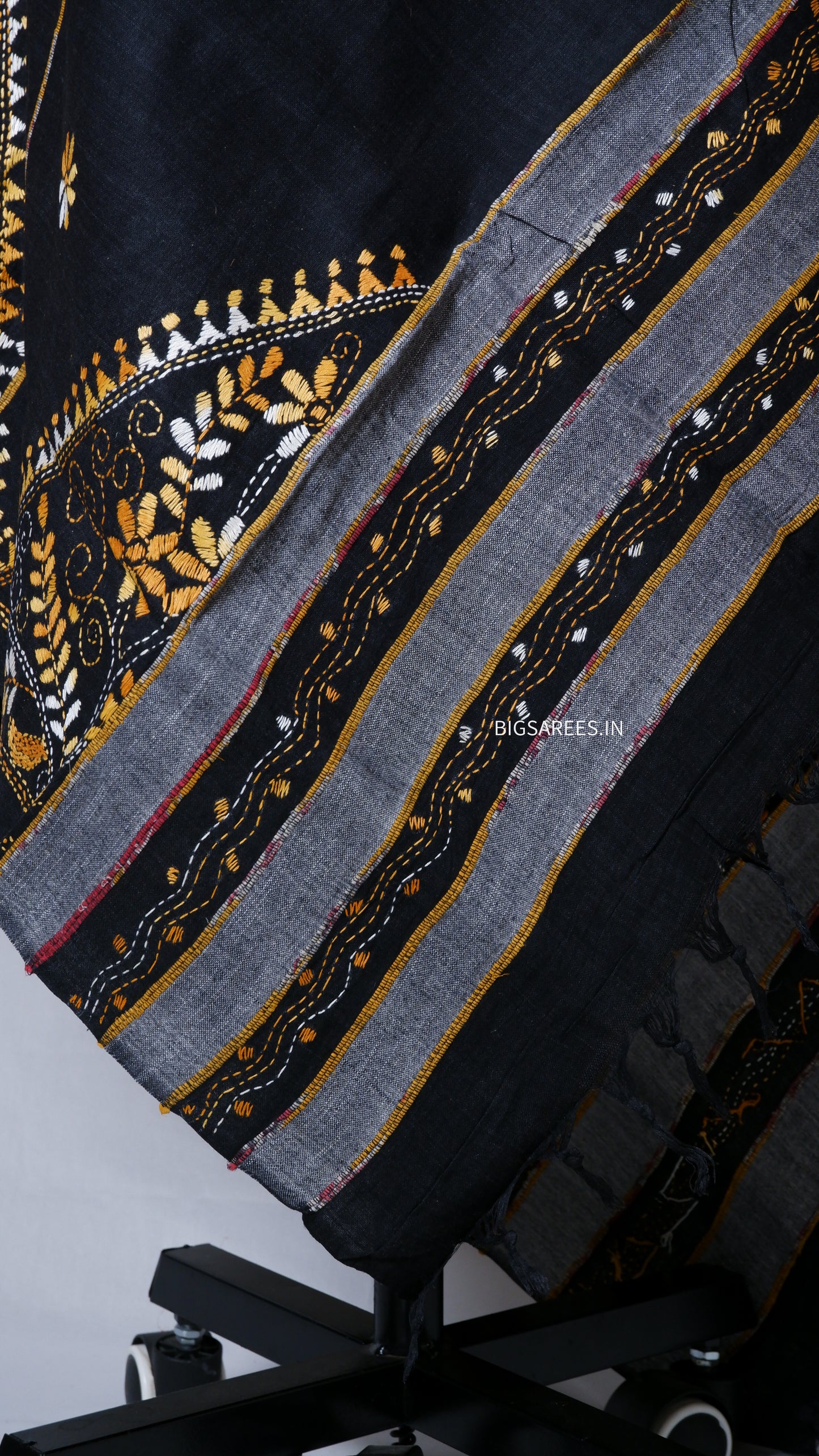 Hand-Embroidered Kantha Dupatta in Pure Khesh Cotton/Black/36"
