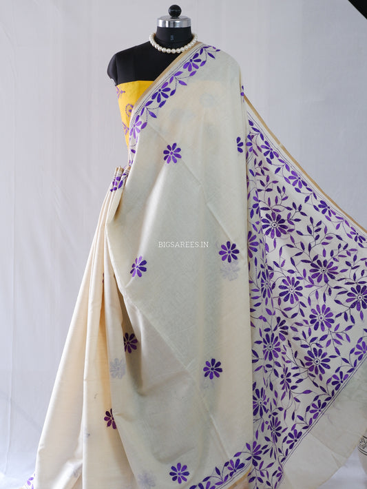 Kantha Stitch Semi Tussar with Blouse | Hand-Embroidered | Off White