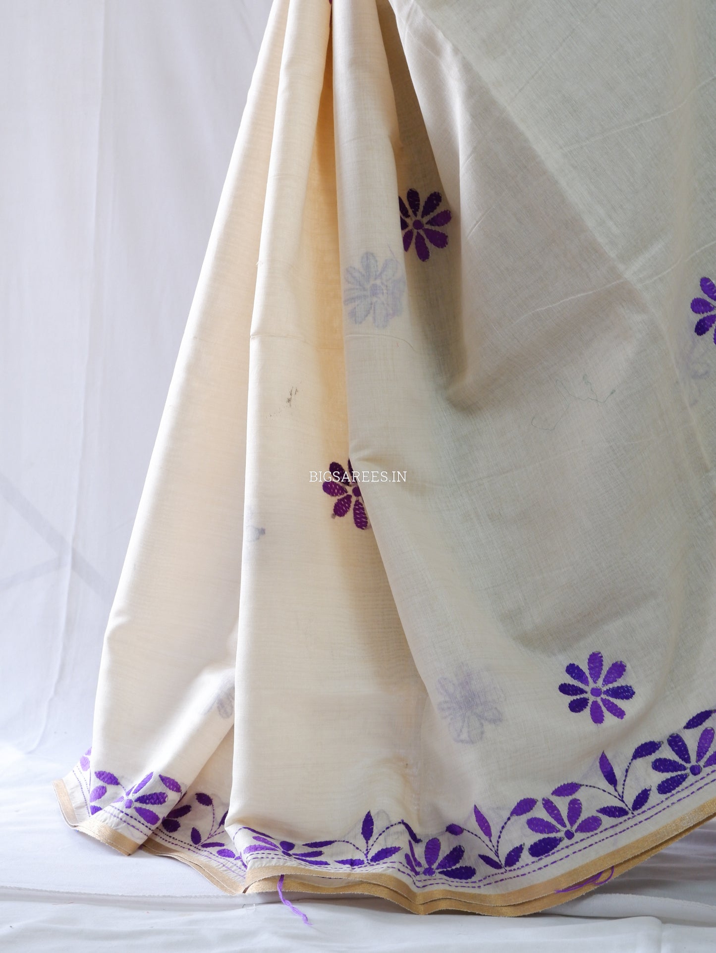 Kantha Stitch Semi Tussar with Blouse | Hand-Embroidered | Off White