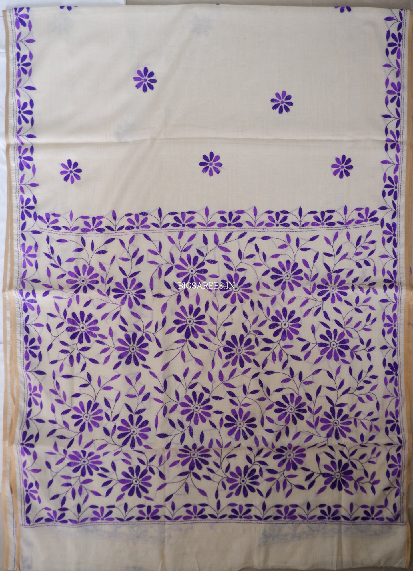 Kantha Stitch Semi Tussar with Blouse | Hand-Embroidered | Off White