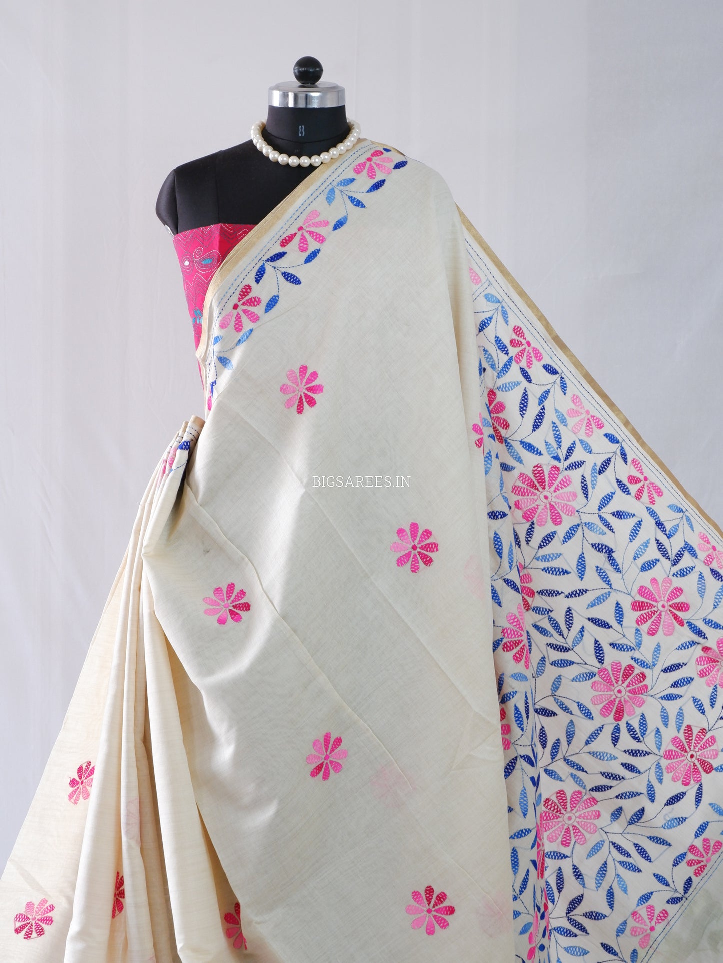 Kantha Stitch Semi Tussar with Blouse | Hand-Embroidered | Off White