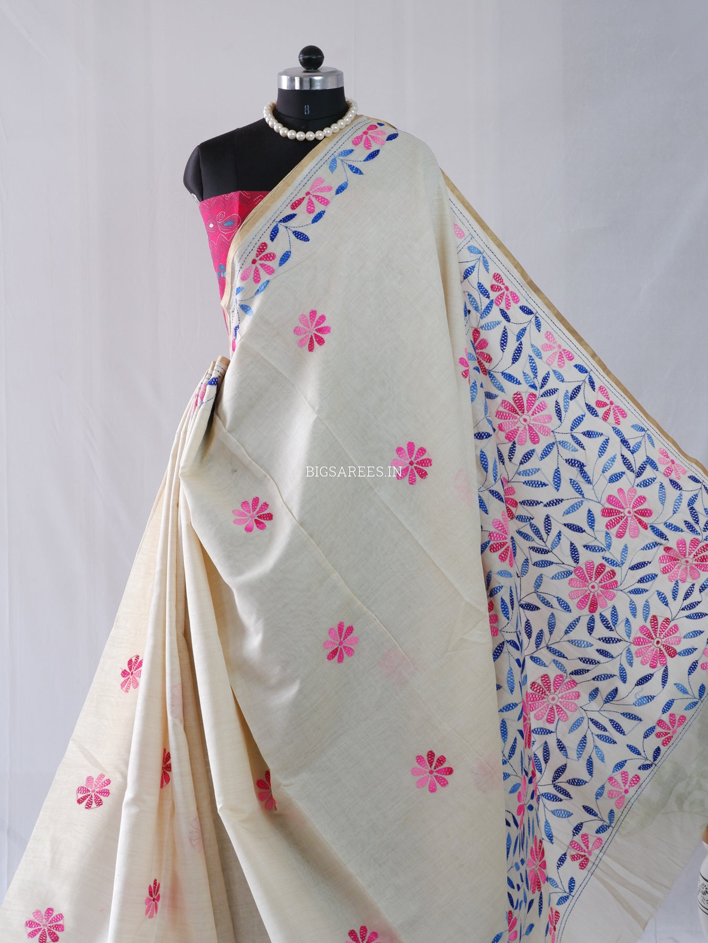 Kantha Stitch Semi Tussar with Blouse | Hand-Embroidered | Off White