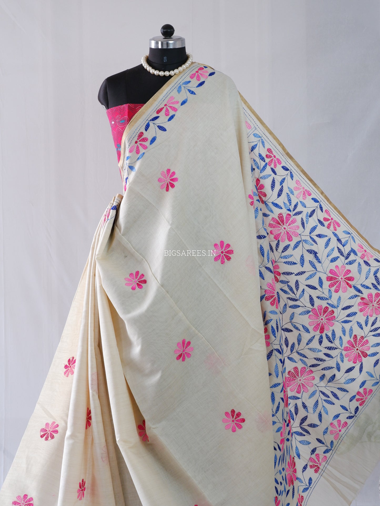 Kantha Stitch Semi Tussar with Blouse | Hand-Embroidered | Off White