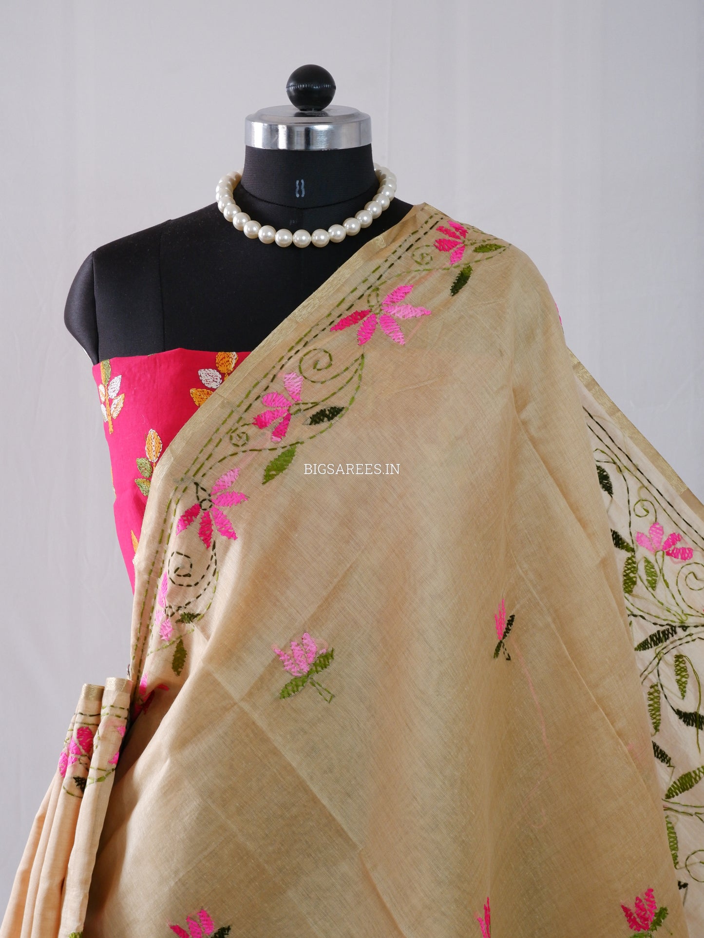 Kantha Stitch Semi Tussar with Blouse | Hand-Embroidered |