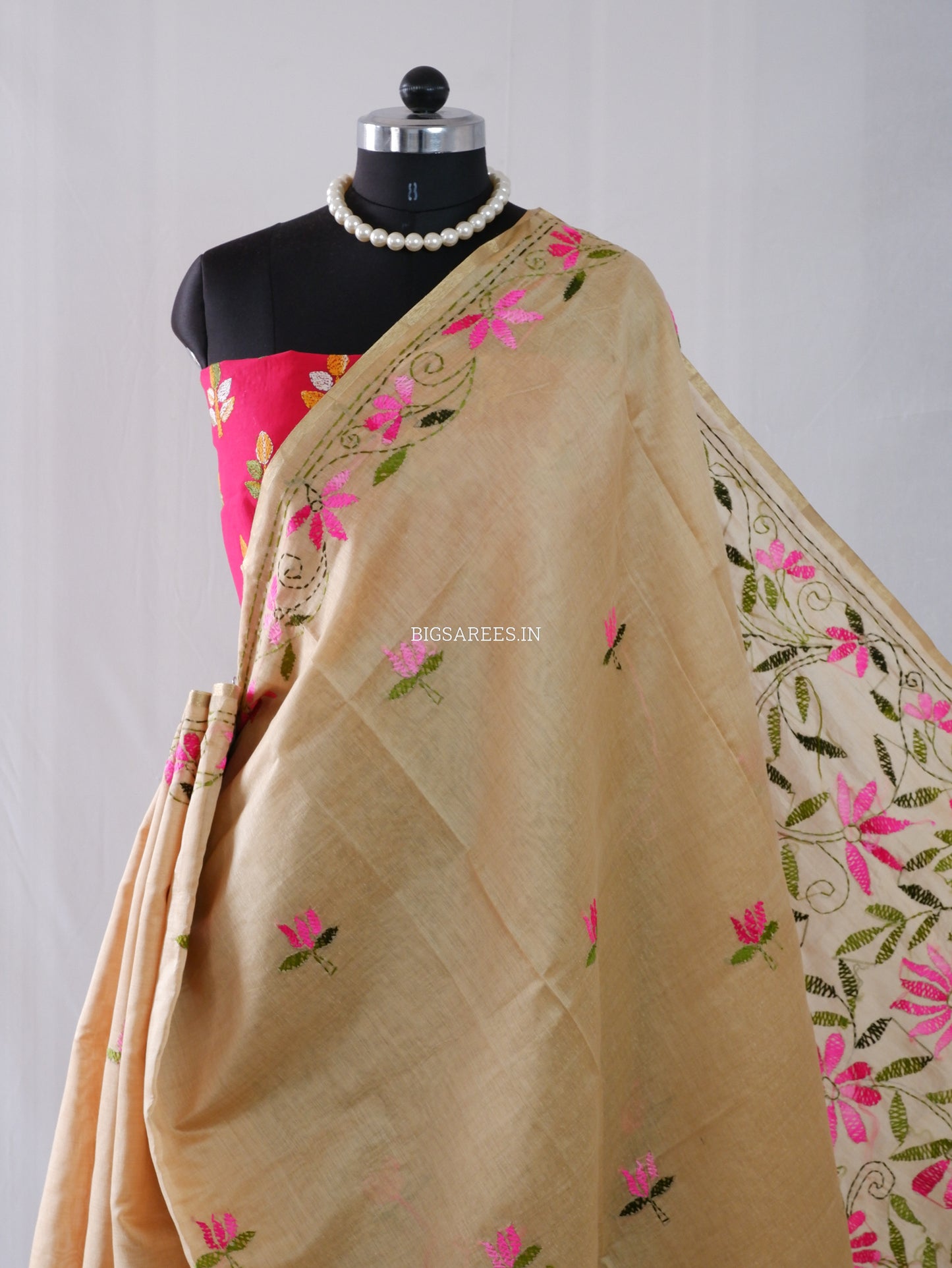 Kantha Stitch Semi Tussar with Blouse | Hand-Embroidered |