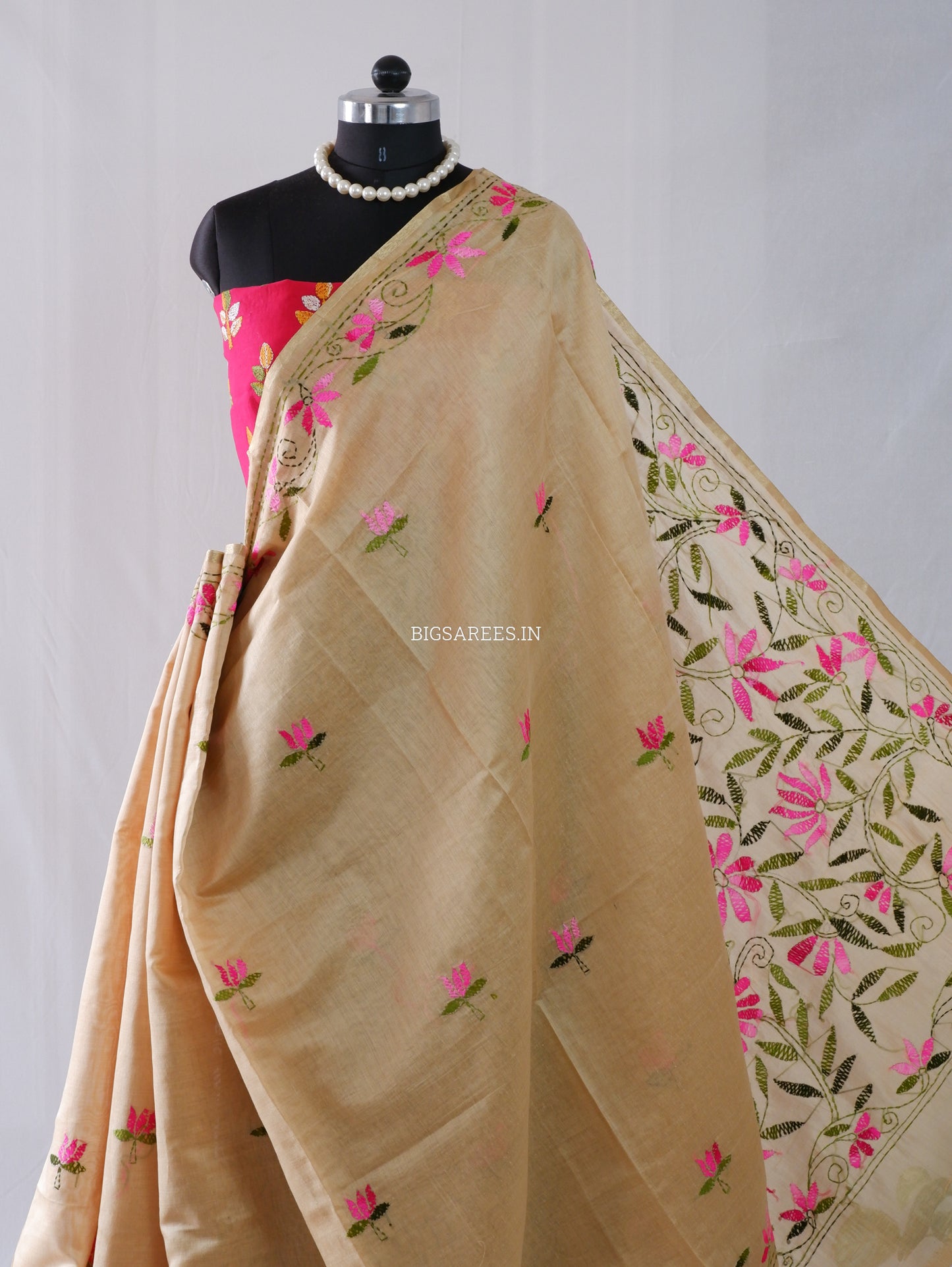 Kantha Stitch Semi Tussar with Blouse | Hand-Embroidered |