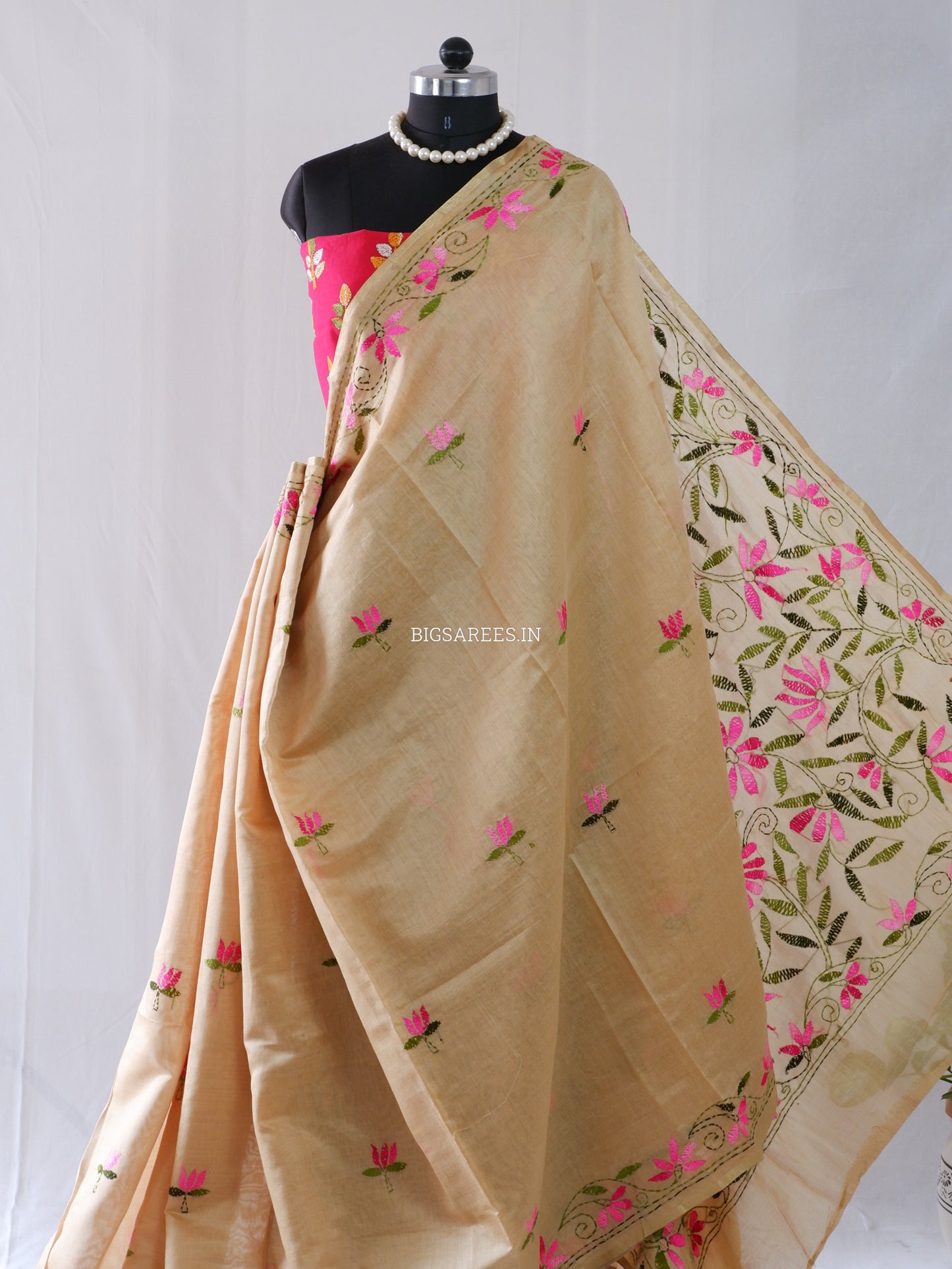 Kantha Stitch Semi Tussar with Blouse | Hand-Embroidered |