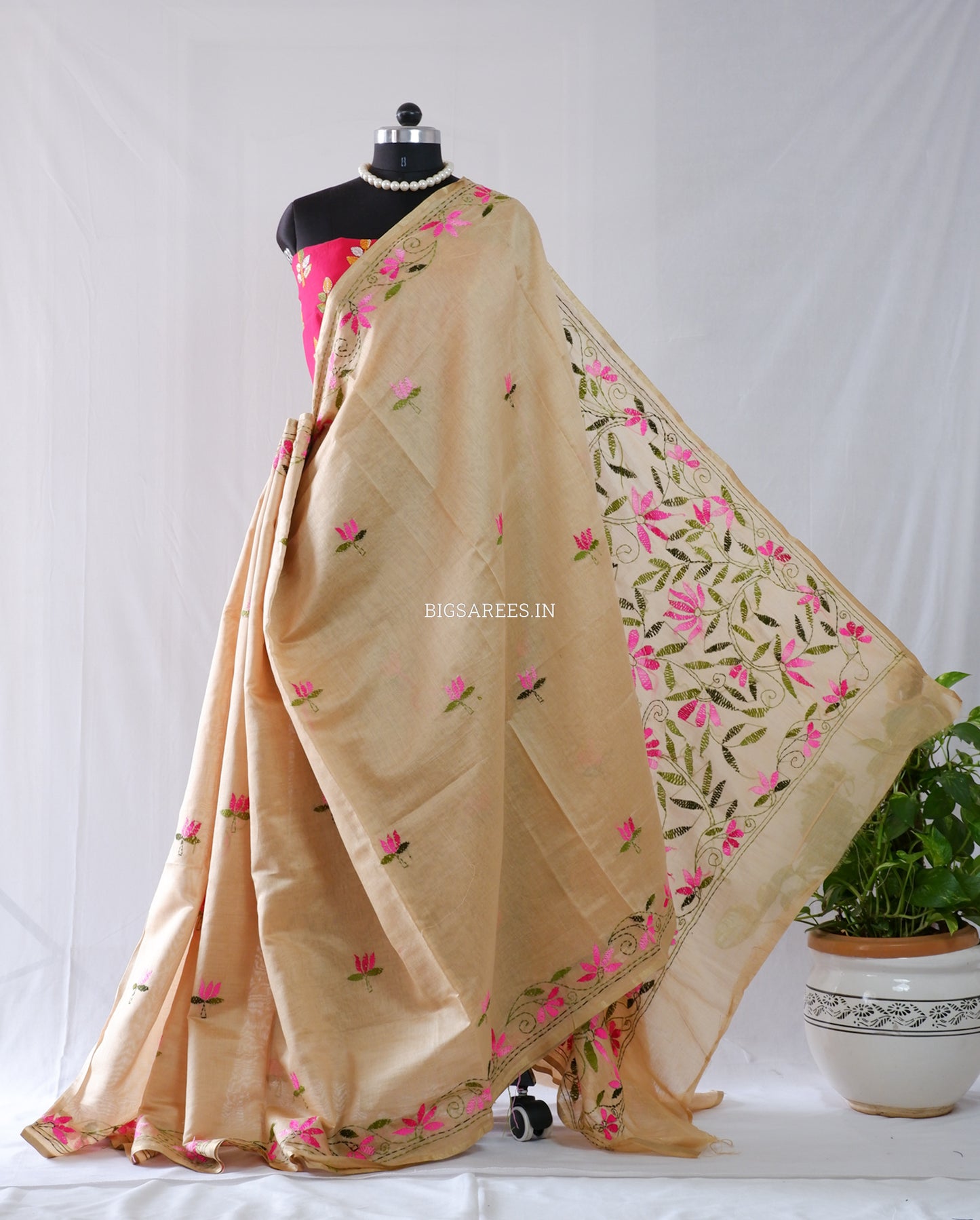 Kantha Stitch Semi Tussar with Blouse | Hand-Embroidered |