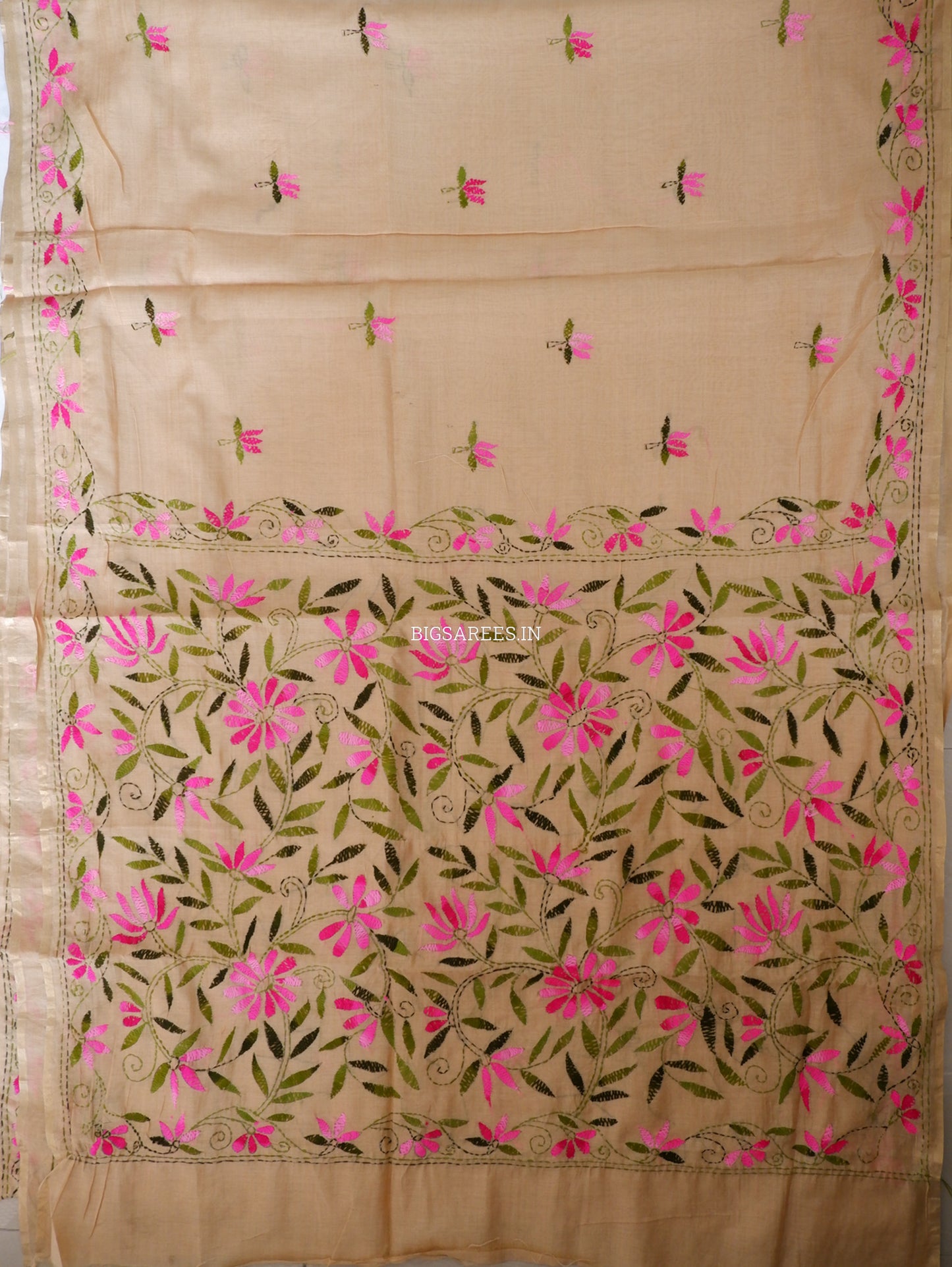 Kantha Stitch Semi Tussar with Blouse | Hand-Embroidered |