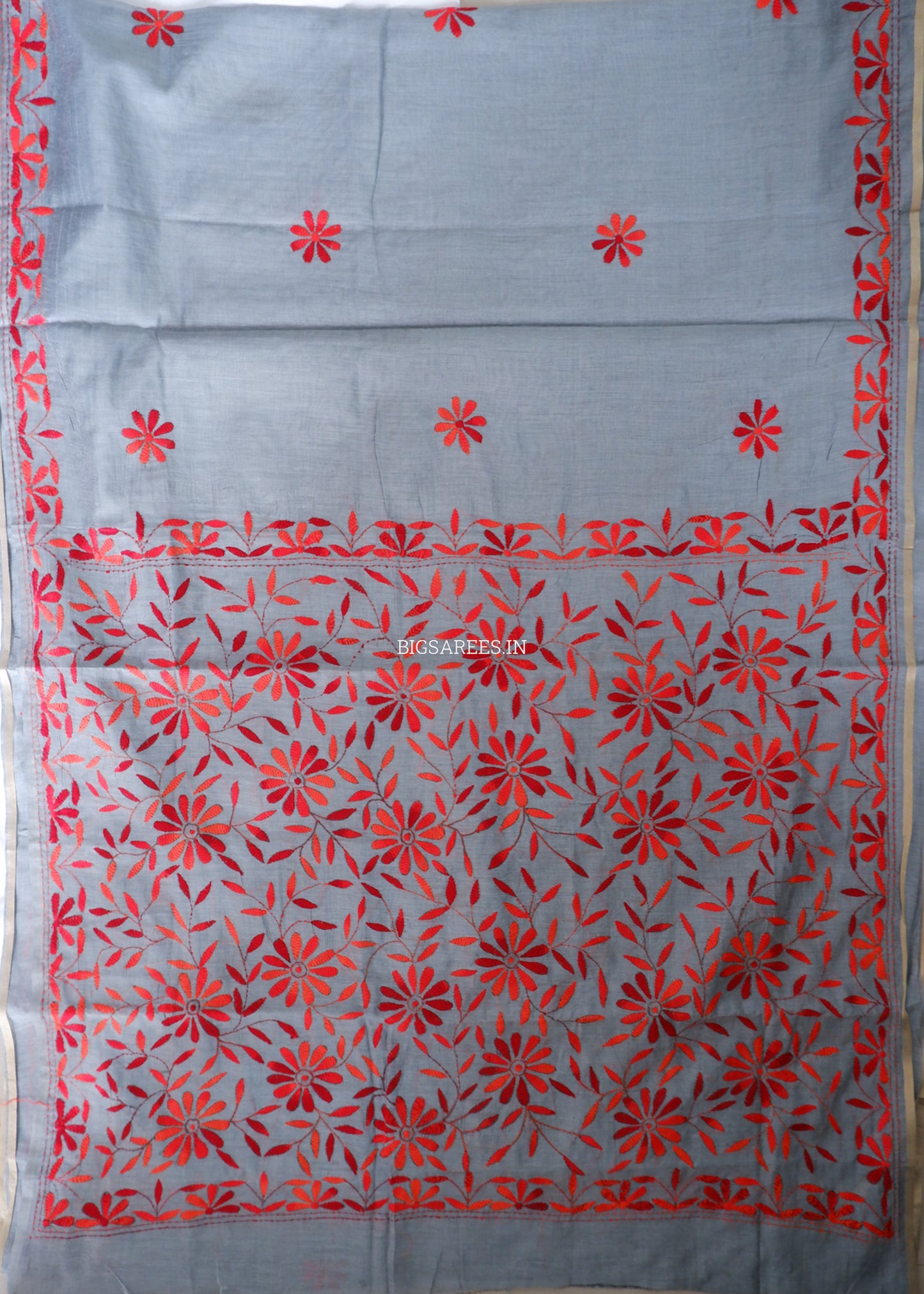 Kantha Stitch Semi Tussar with Blouse | Hand-Embroidered | Grey