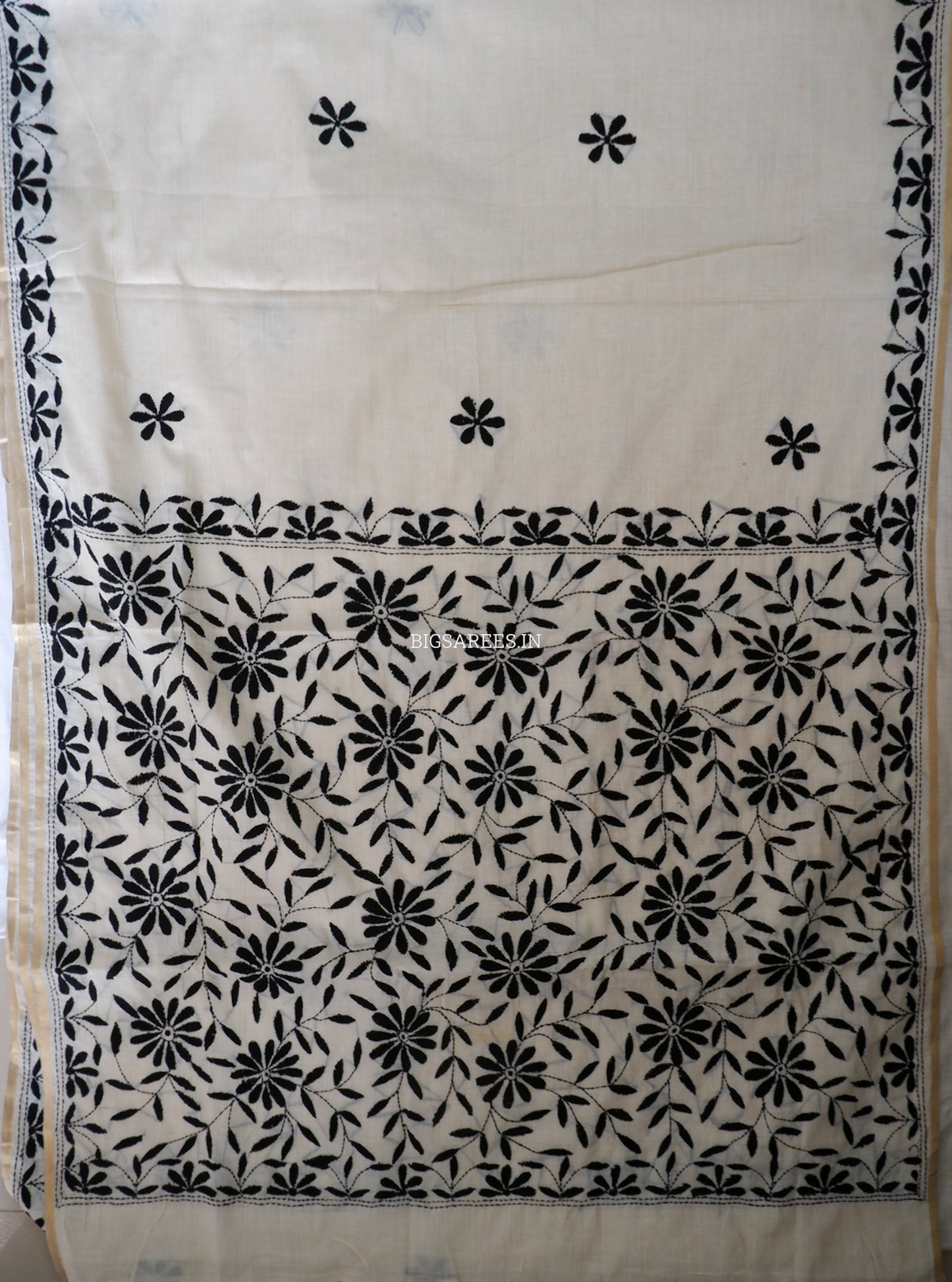 Kantha Stitch Semi Tussar with Blouse | Hand-Embroidered | Off White