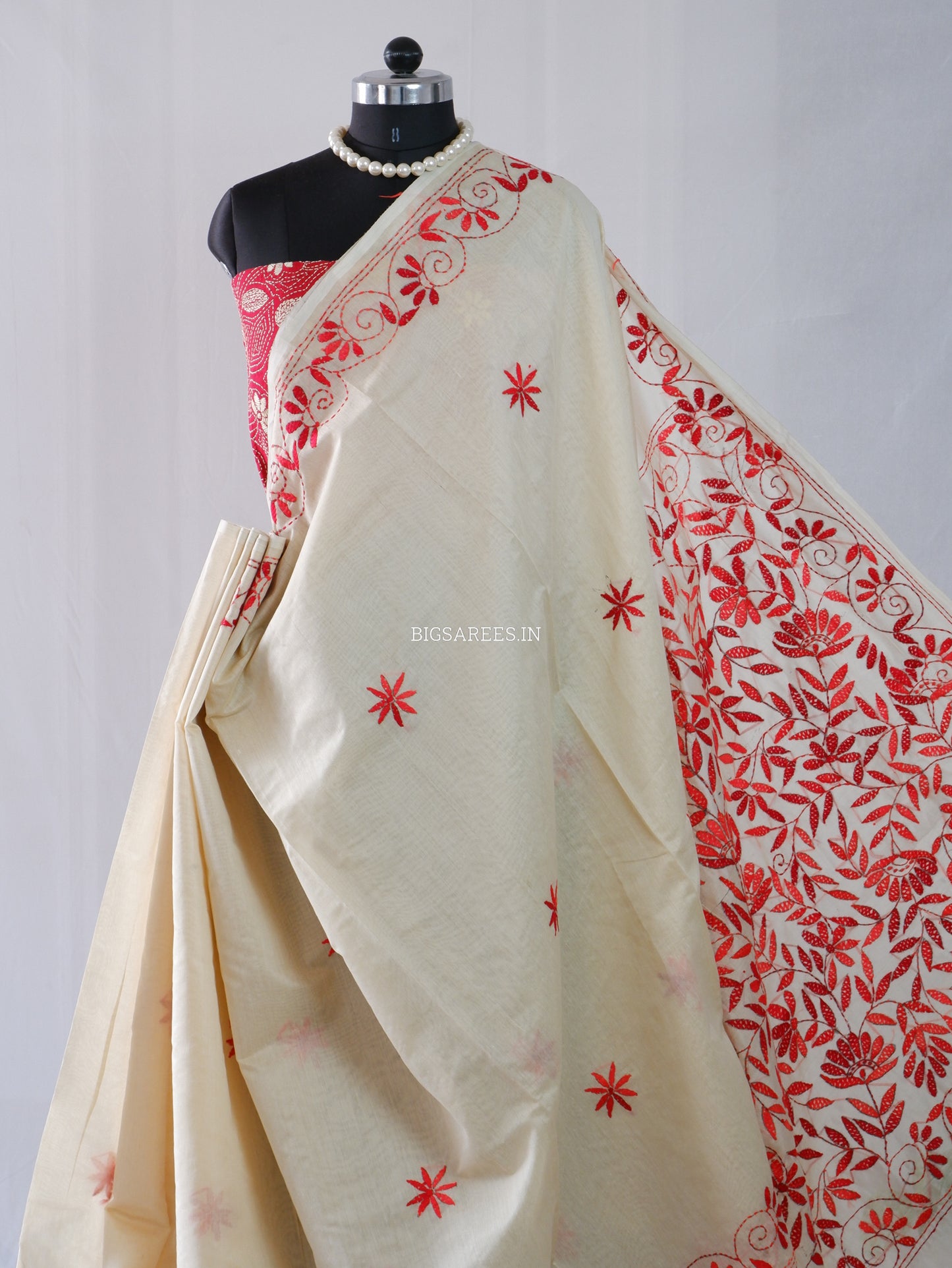 Kantha Stitch Semi Tussar with Blouse | Hand-Embroidered | Off White