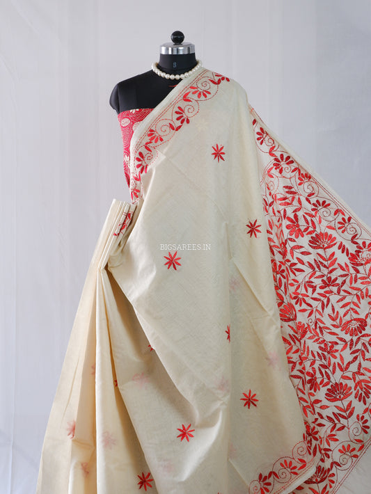 Kantha Stitch Semi Tussar with Blouse | Hand-Embroidered | Off White