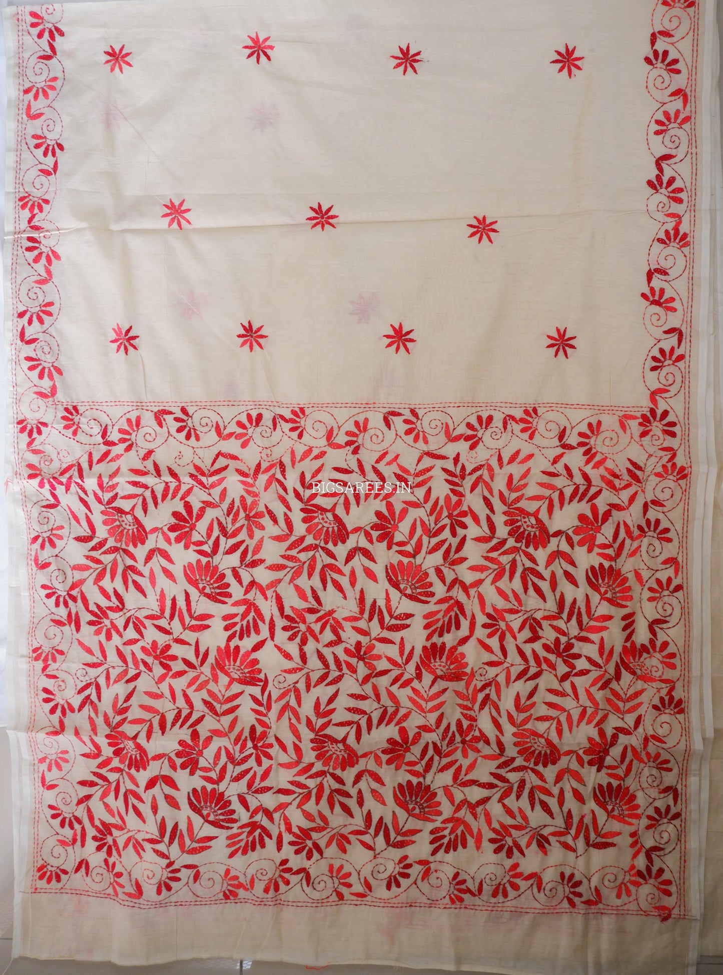 Kantha Stitch Semi Tussar with Blouse | Hand-Embroidered | Off White