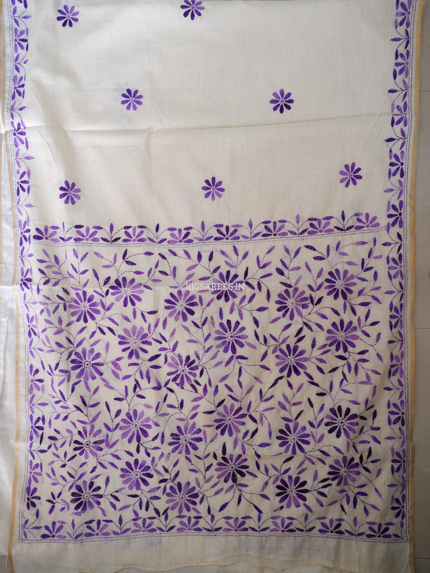 Kantha Stitch Semi Tussar with Blouse | Hand-Embroidered | Off White