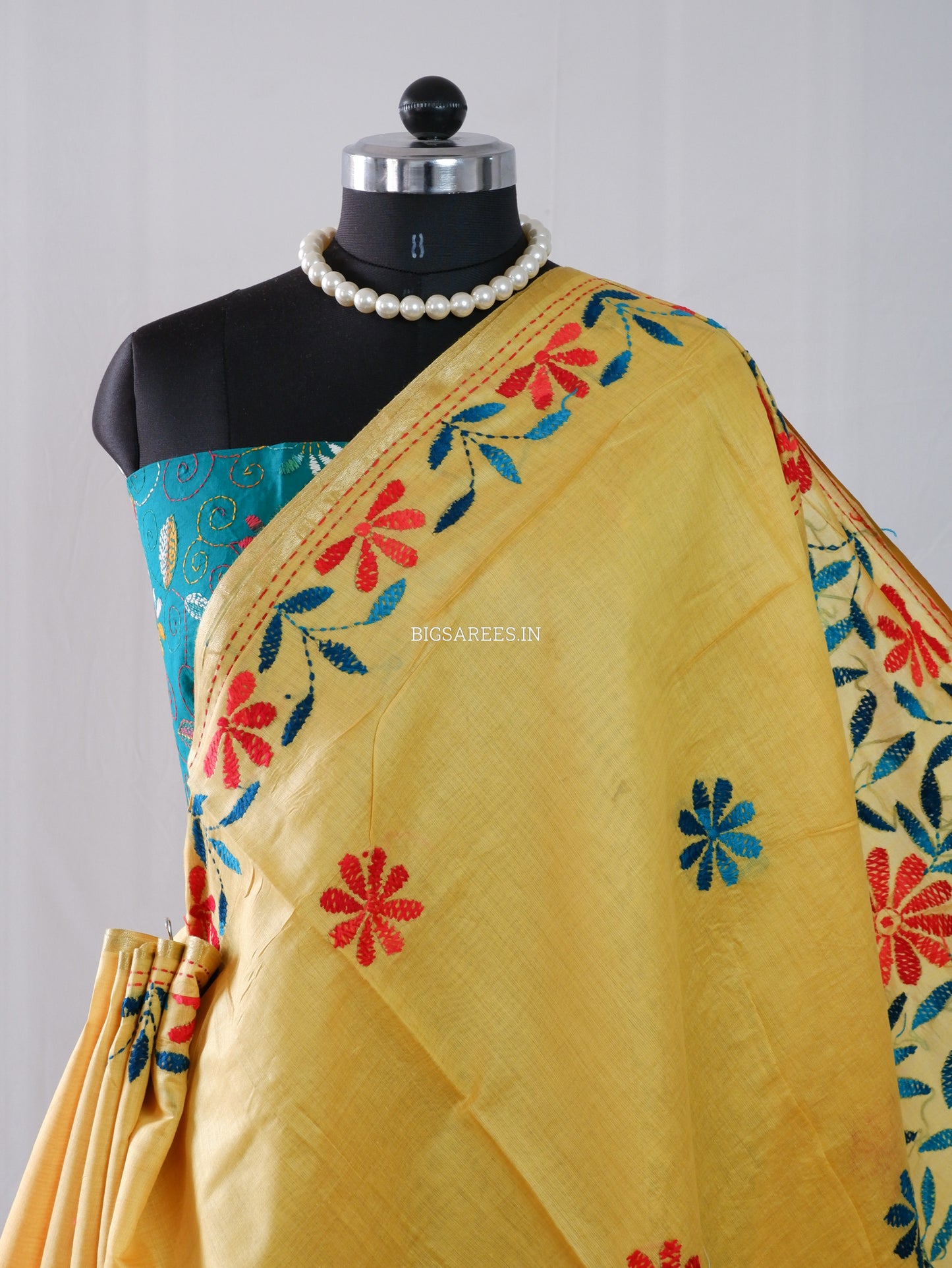 Kantha Stitch Semi Tussar with Blouse | Hand-Embroidered | Yellow