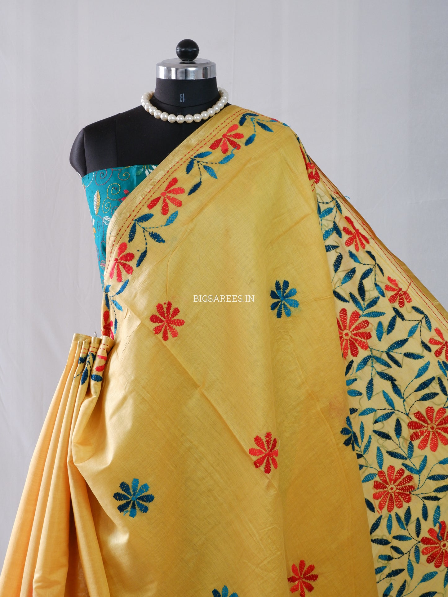 Kantha Stitch Semi Tussar with Blouse | Hand-Embroidered | Yellow